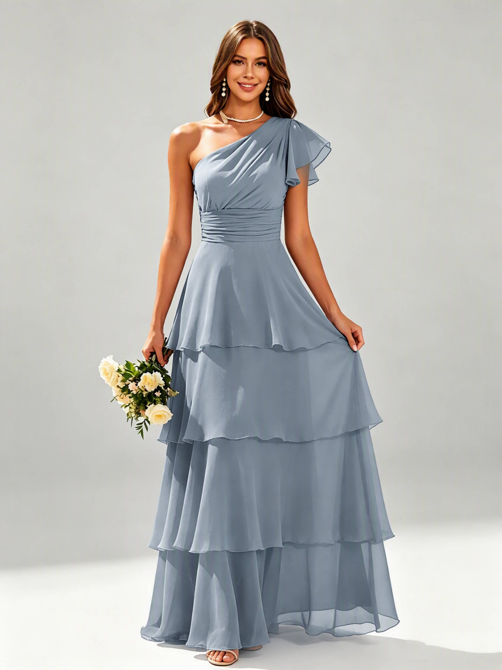 One Shoulder Ruffle Tiered Chiffon Bridesmaid Dress for Wedding