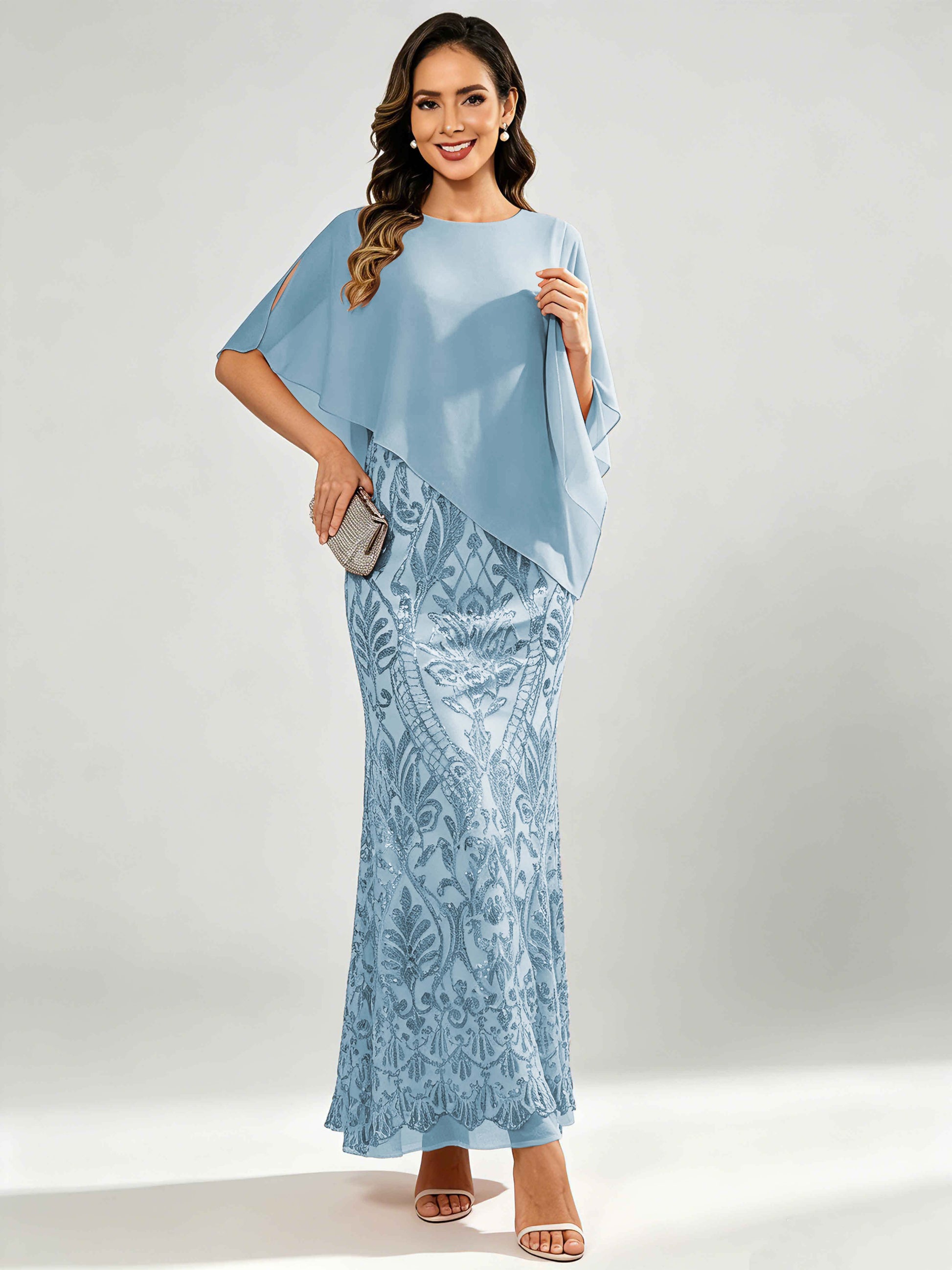 Mermaid Sequin Mother of The Bride Dress with Chiffon Cape