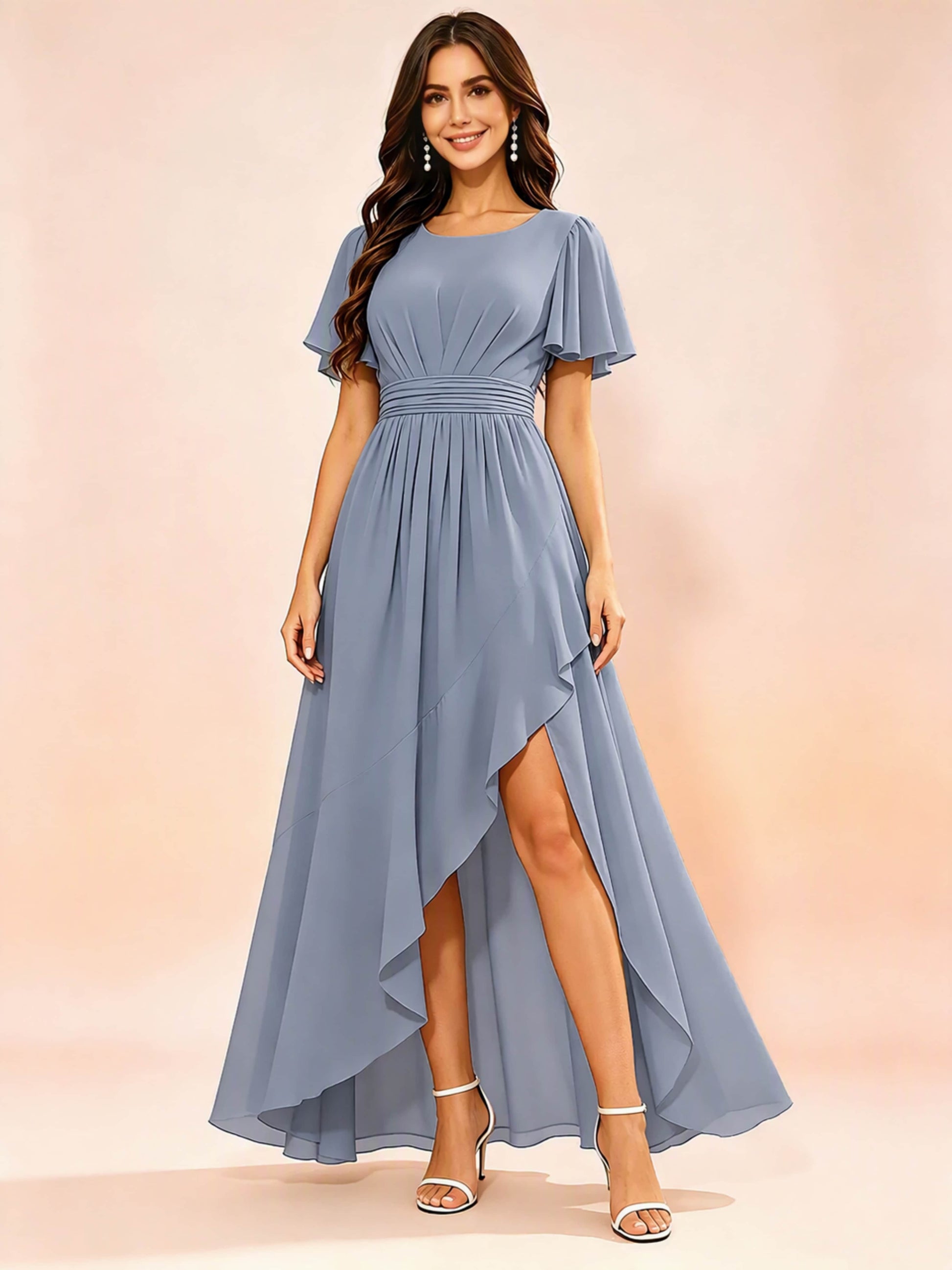 Chiffon High Low Round Neck Bridesmaid / Wedding Guest Dresses