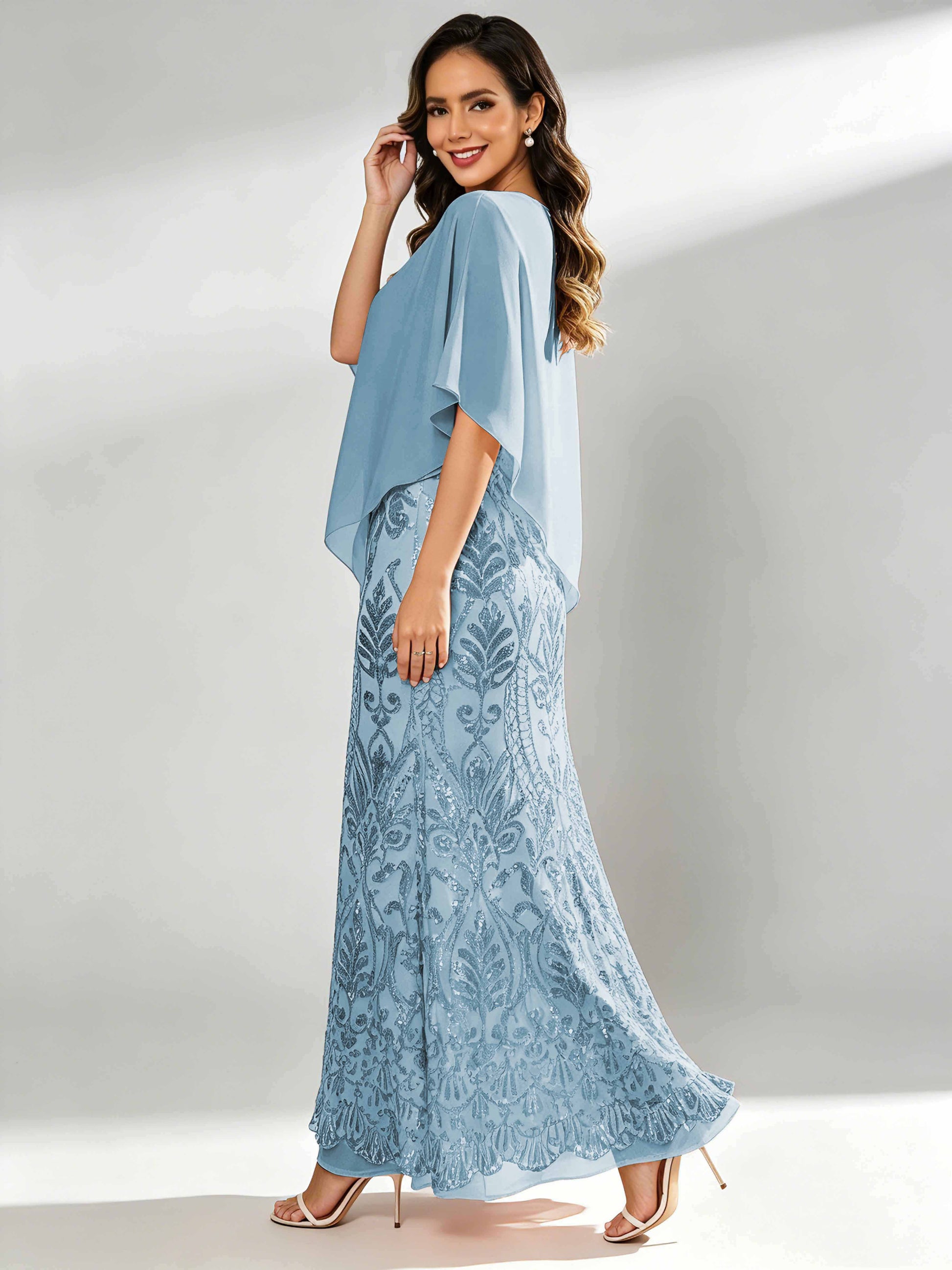 Mermaid Sequin Mother of The Bride Dress with Chiffon Cape