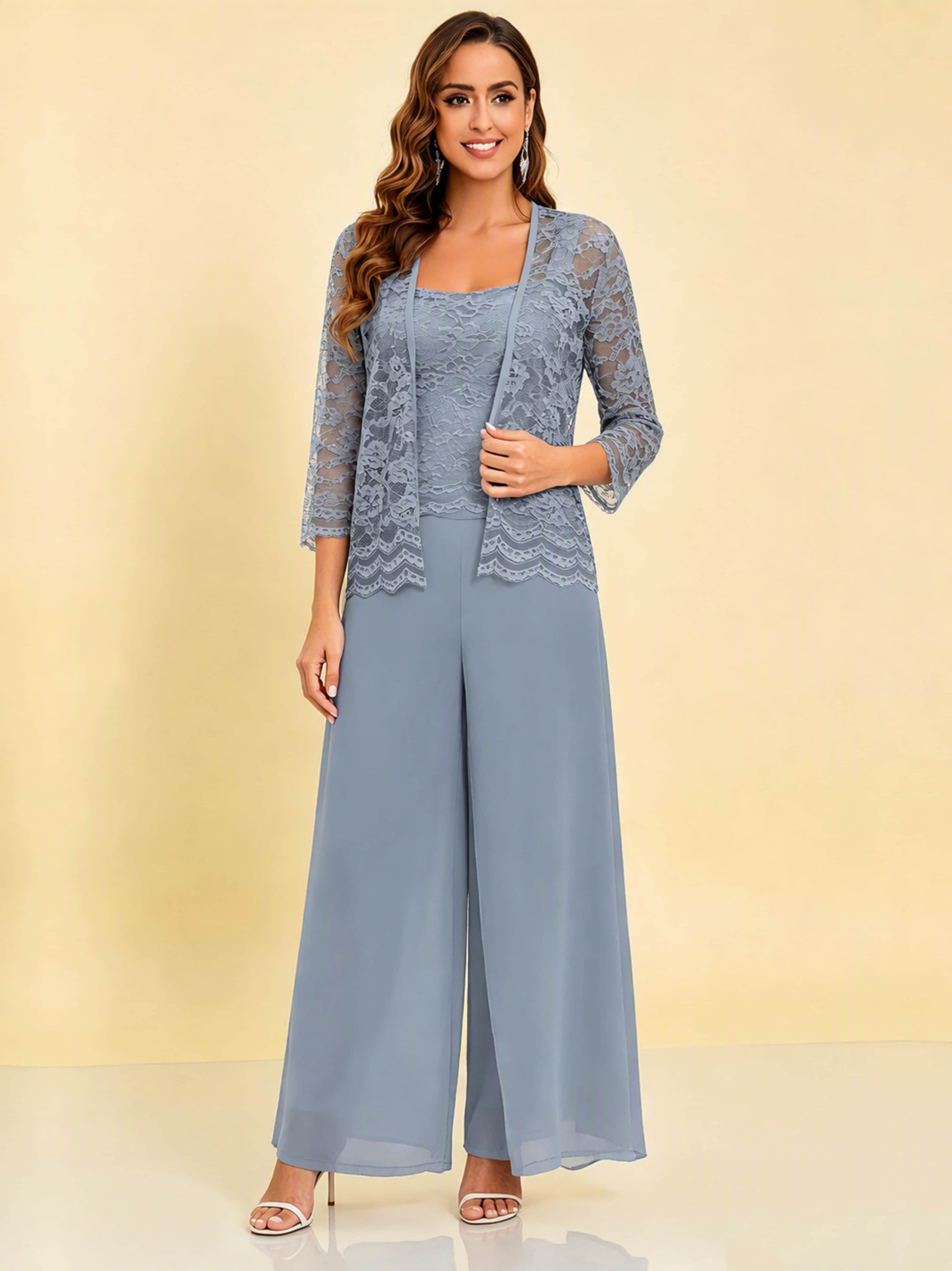 Chiffon Lace Flowy 3 Pieces Mother of The Bride Pant Suits Women Wedding