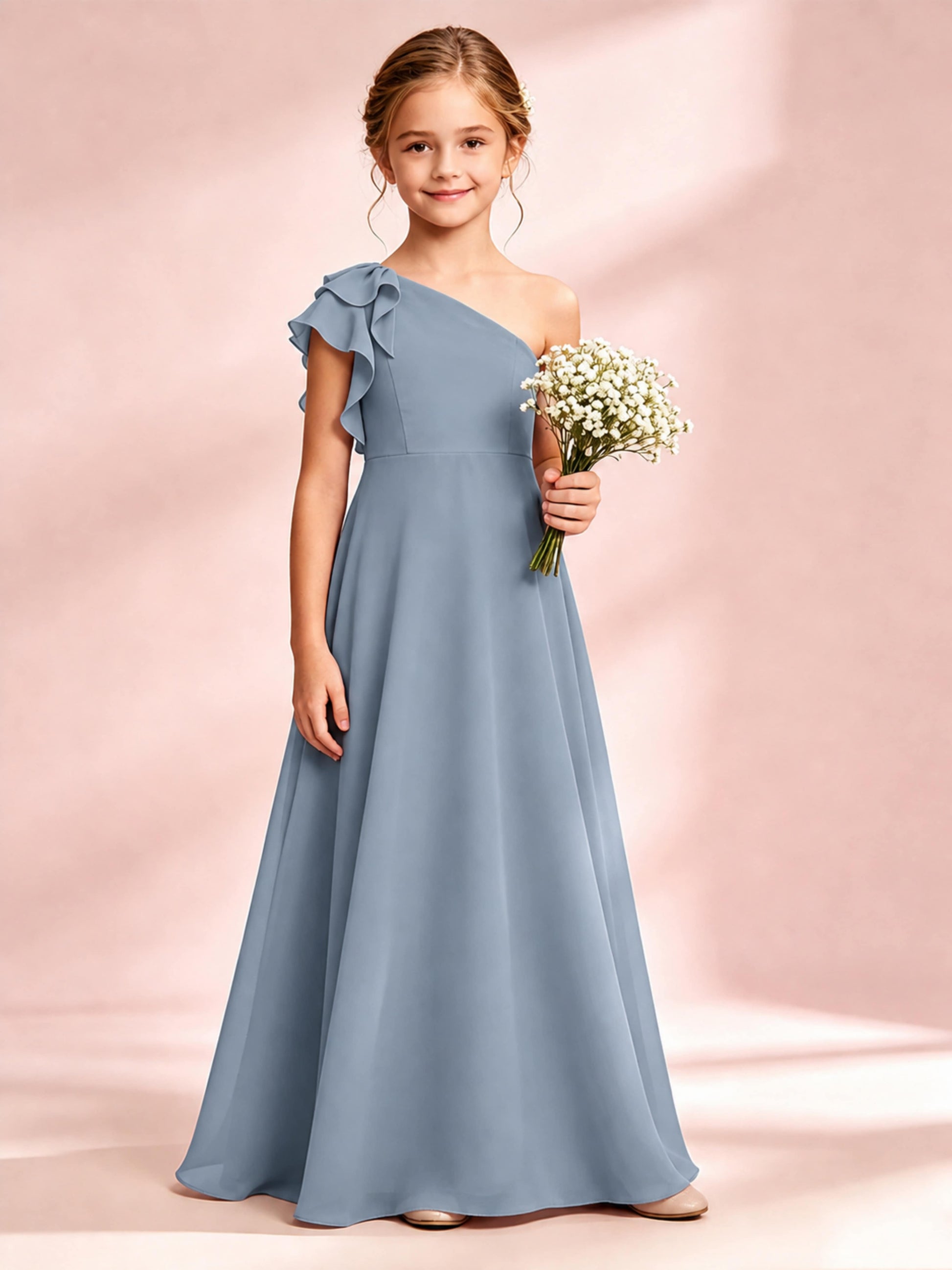 Chiffon Junior Bridesmaid Dress for Wedding One Shoulder Flower Girl Dresses