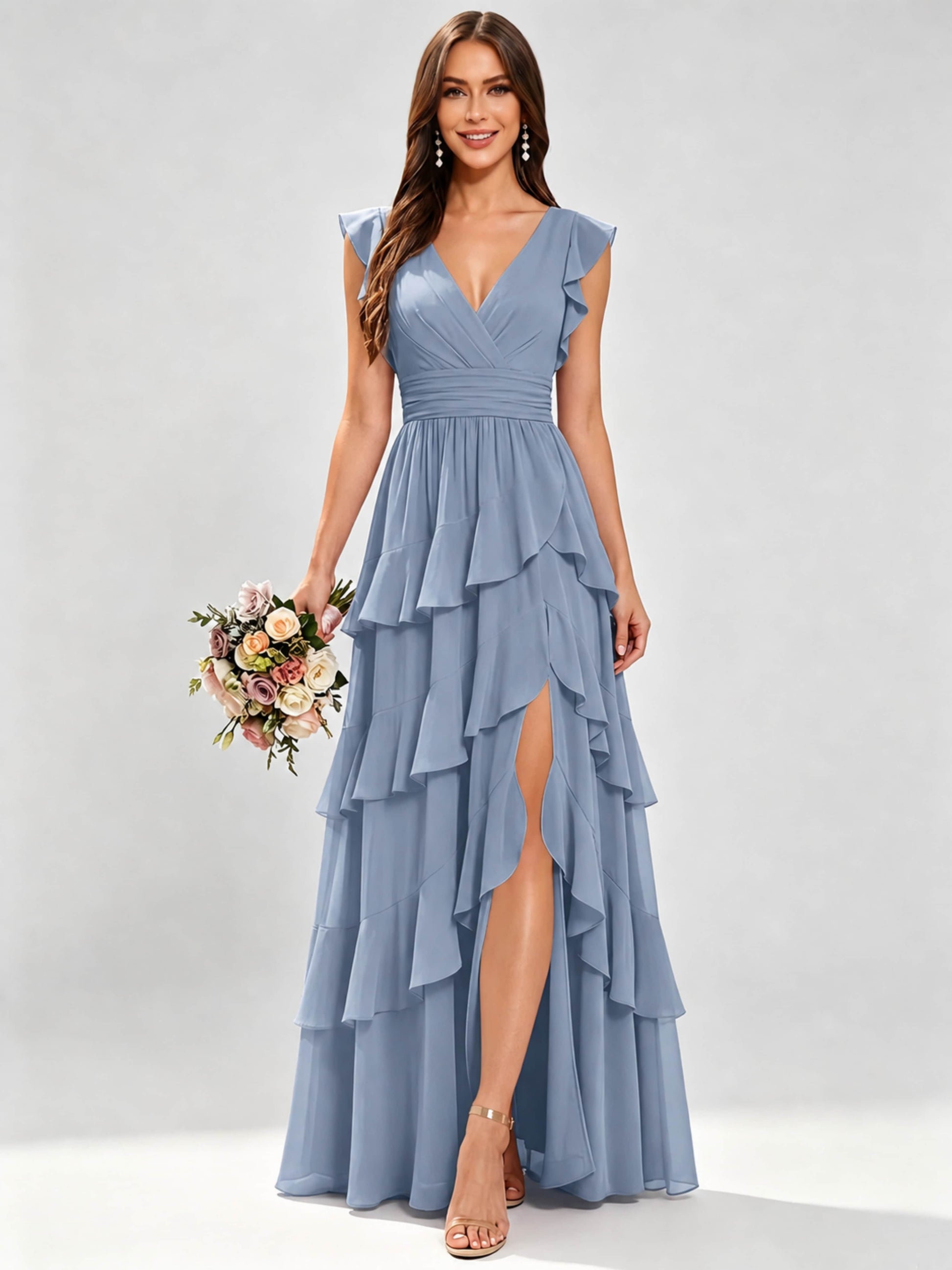 Ruffle Sleeve Tiered Chiffon Bridesmaid Dresses for Wedding with Slit