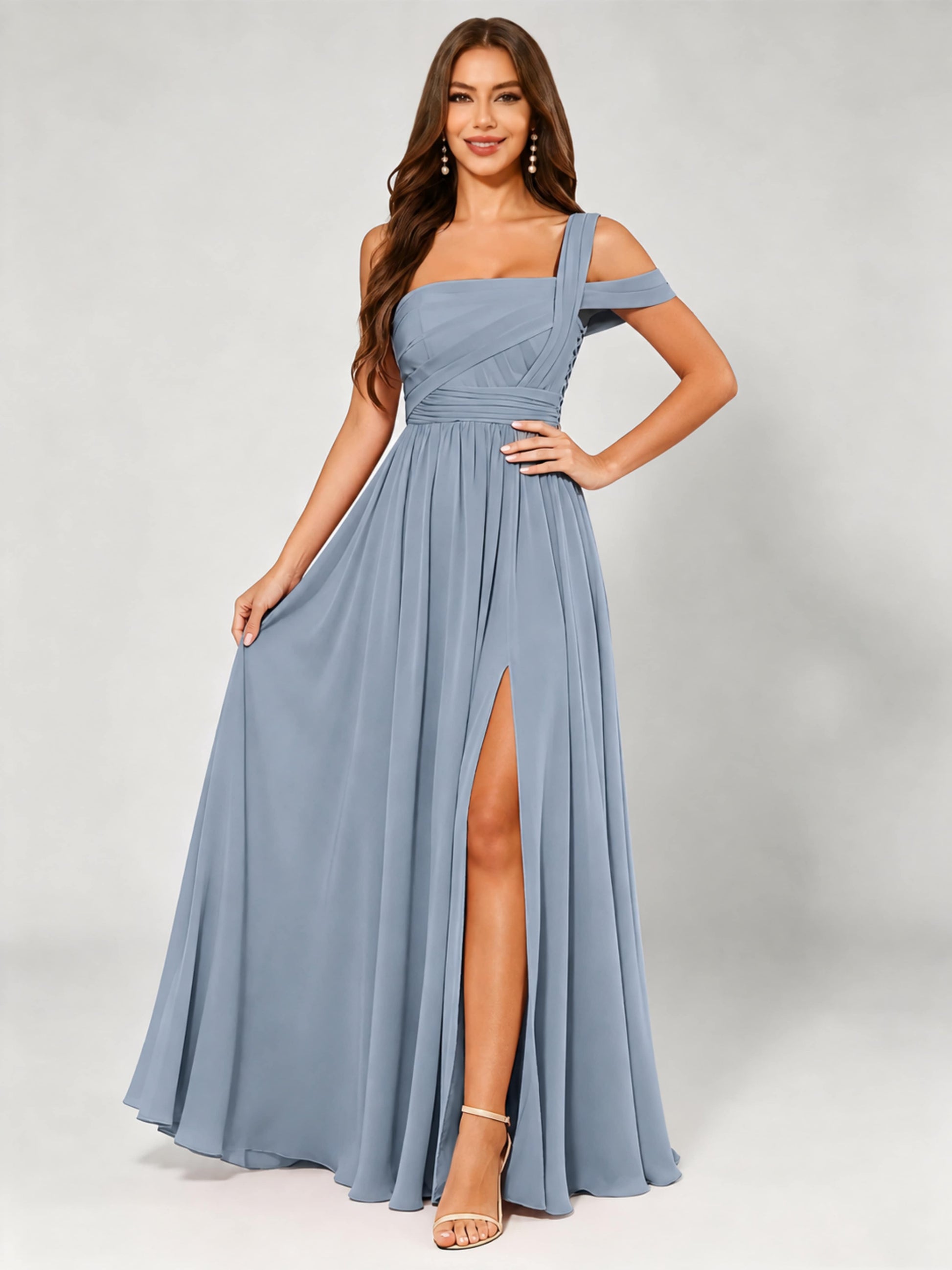 One Shoulder Chiffon Pleated Bridesmaid Dresses for Wedding