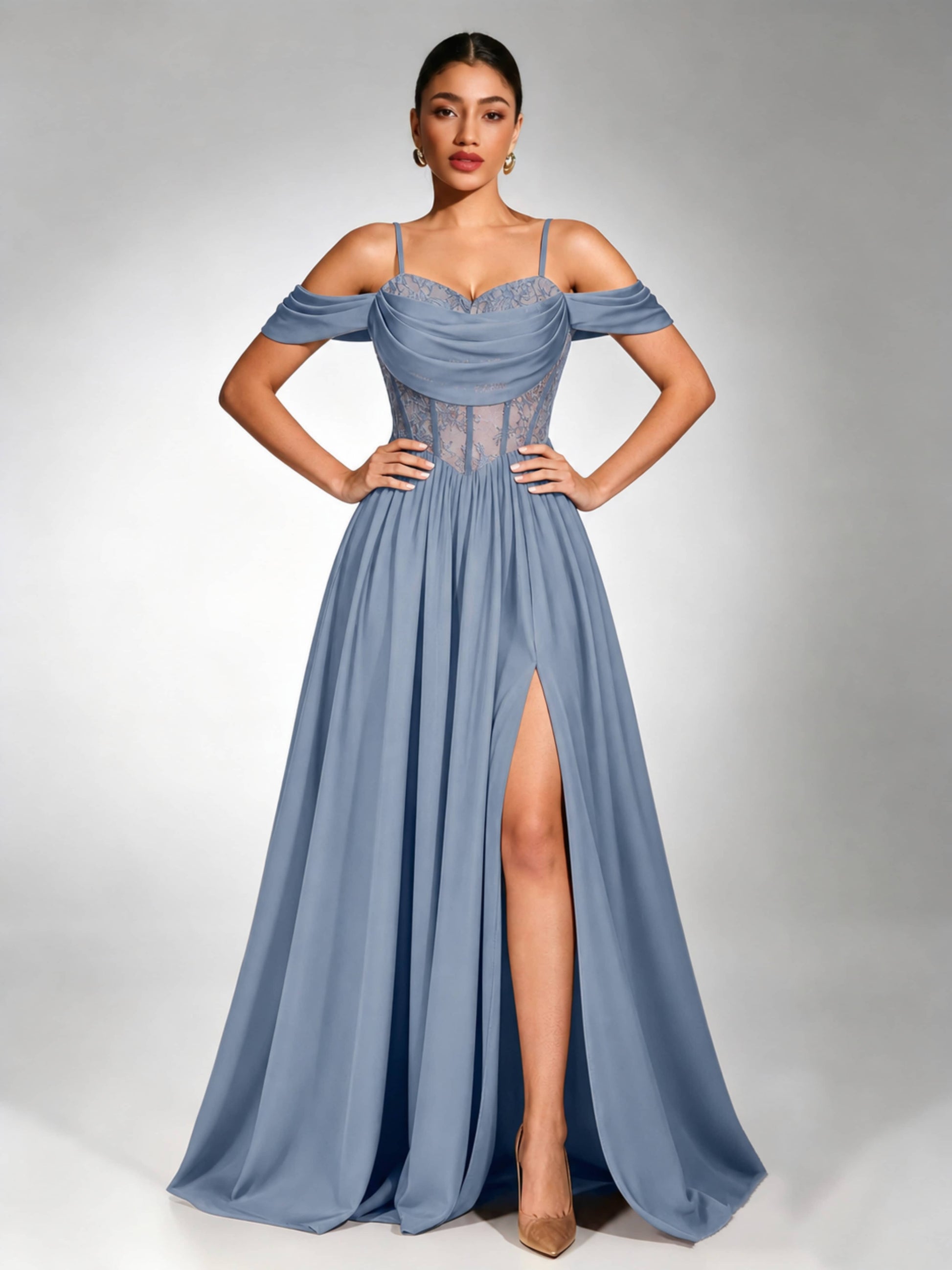 Off Shoulder Chiffon Lace Prom Dress for Teens