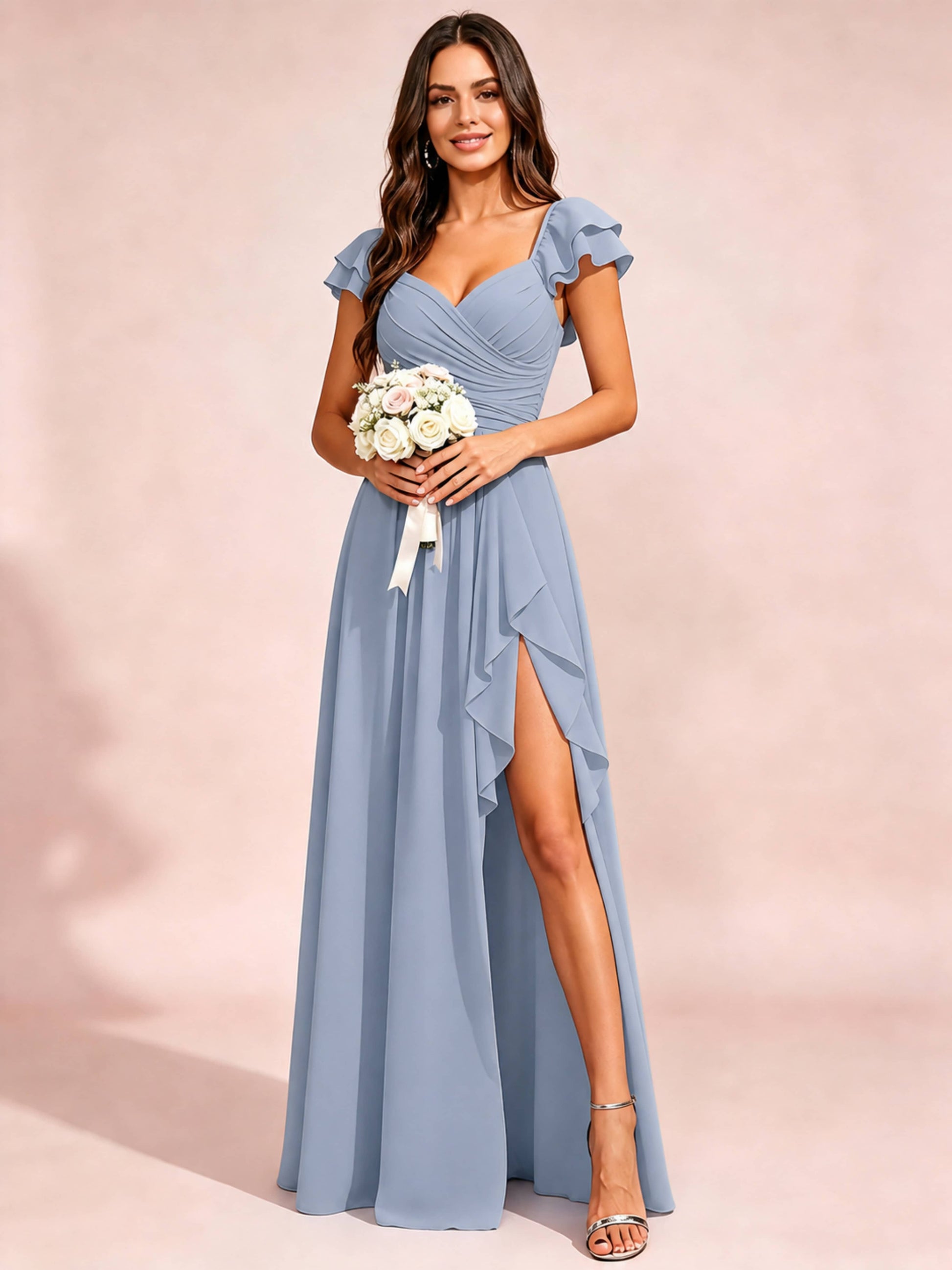 Chiffon Sweetheart Neck Ruched Bust Bridesmaid Dresses with Ruffle Slit