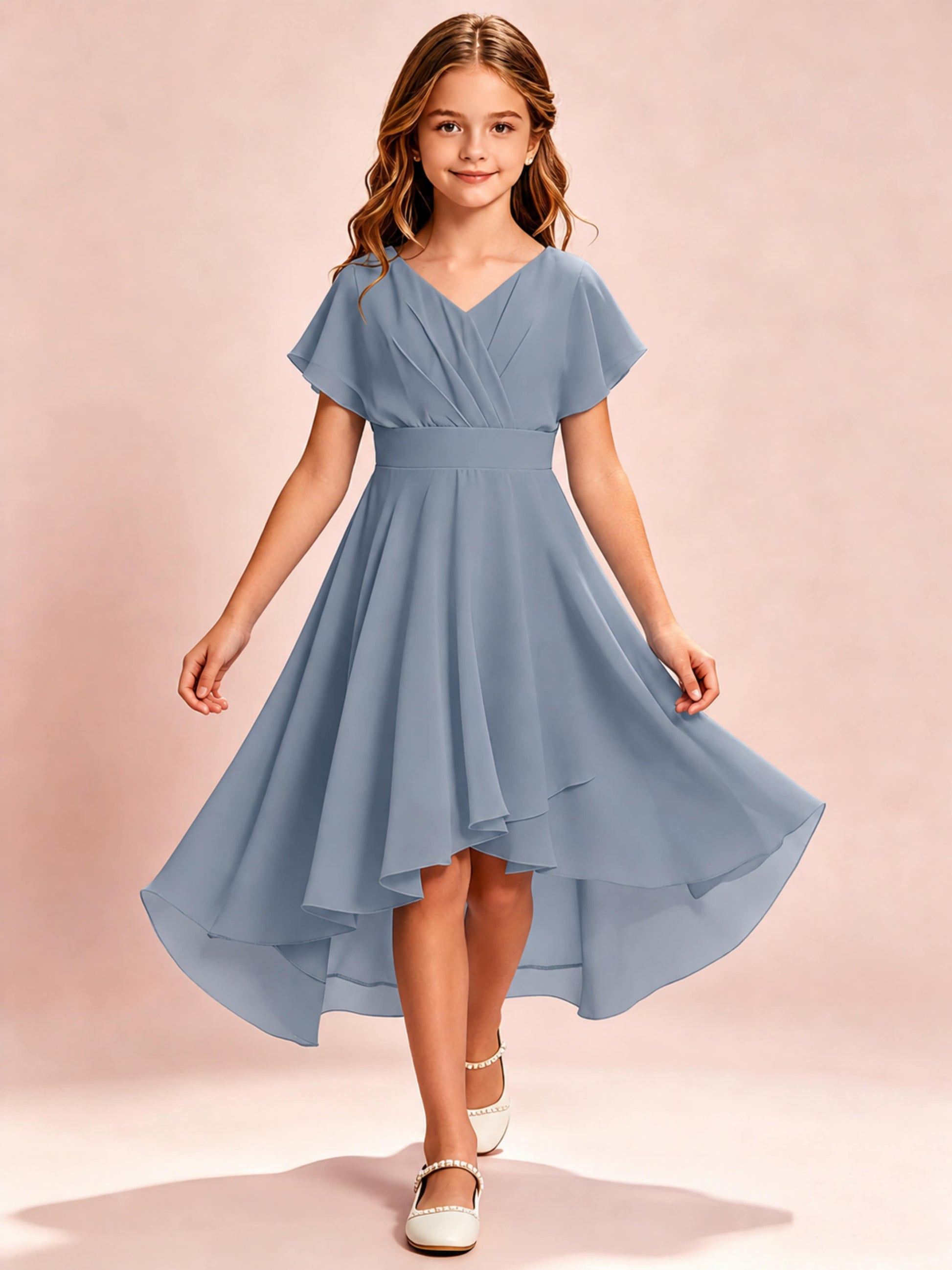 Chiffon High Low Cap Sleeve Junior Bridesmaid Dress for Wedding