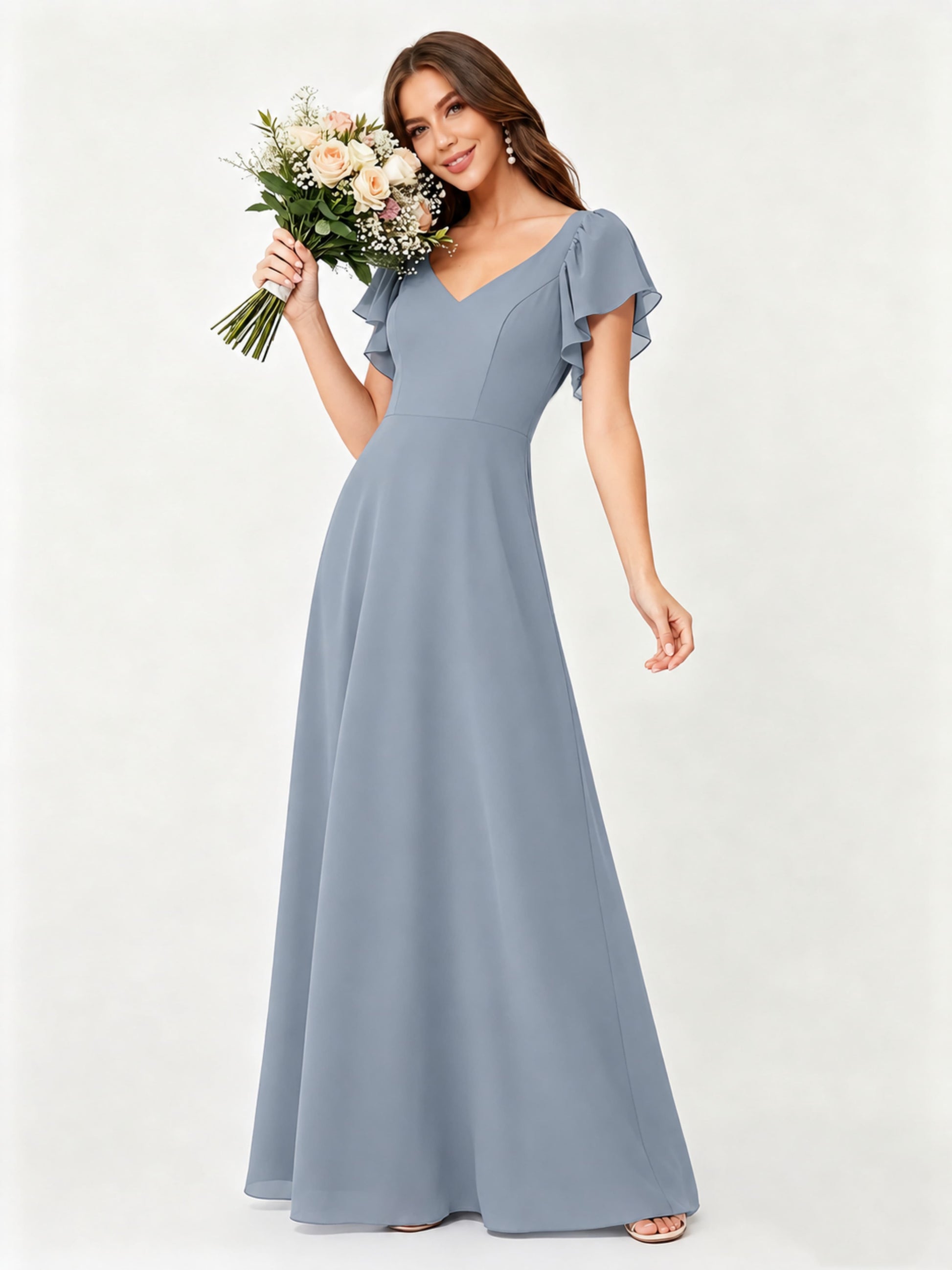 Ruffle Sleeve Chiffon Bridesmaid Dresses for Women Wedding