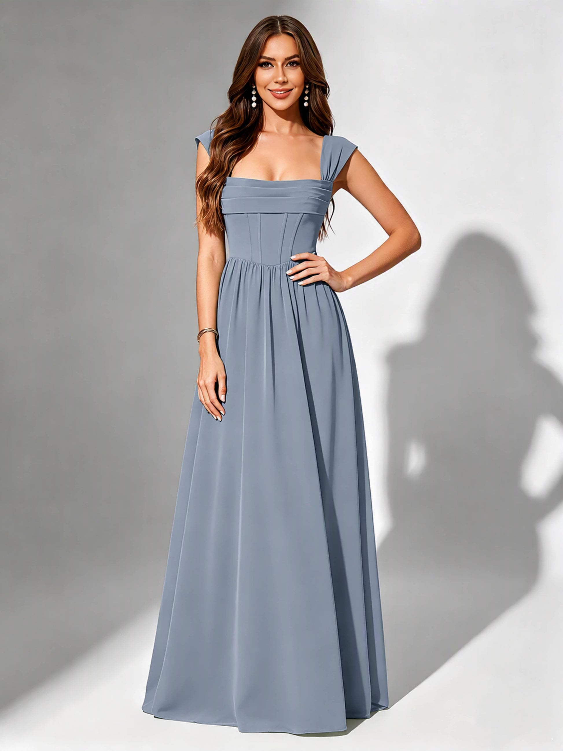 Square Neck Chiffon Bridesmaid Dress Corset Formal Gown