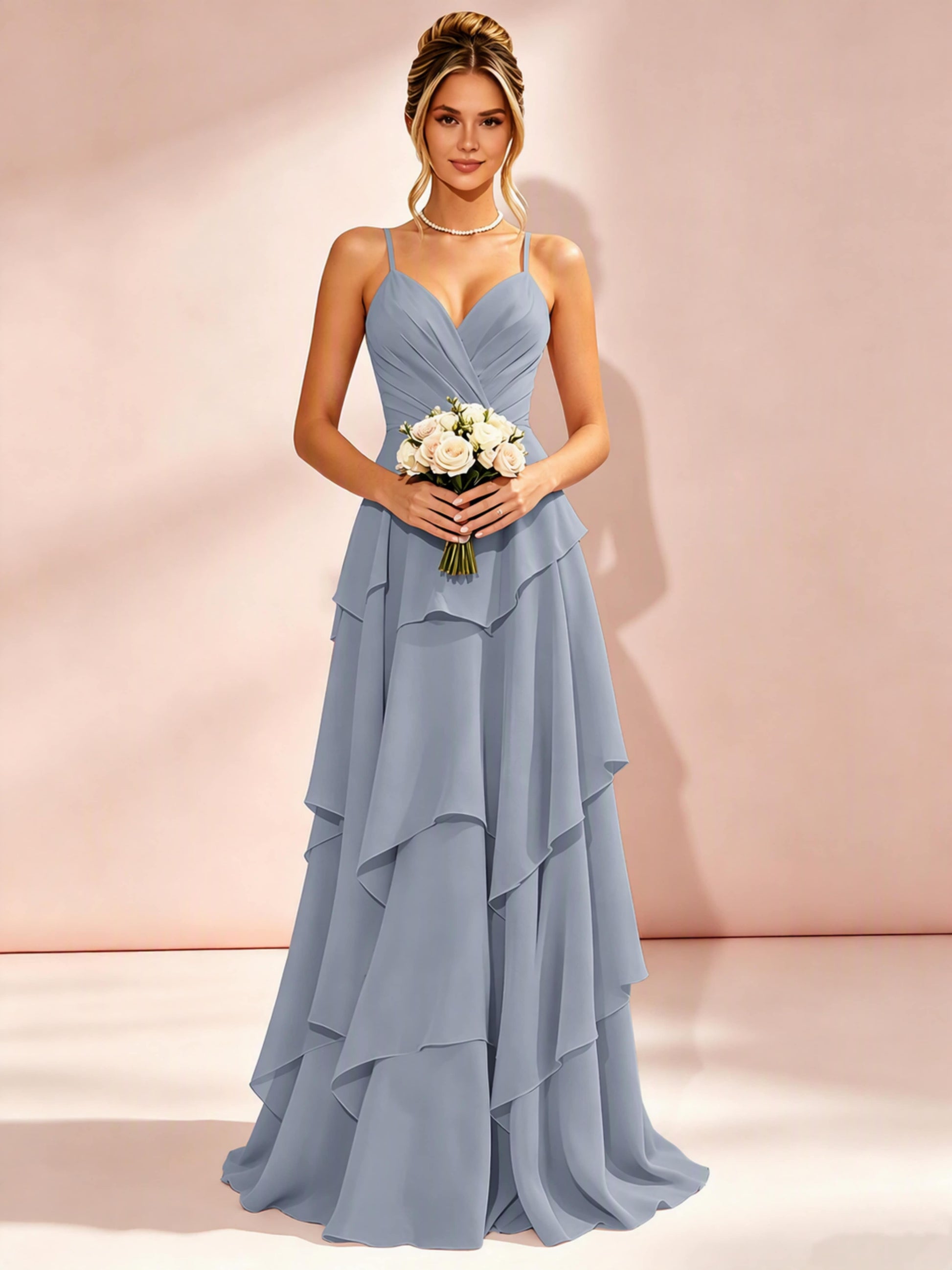 Spaghetti Straps Ruffle Tiered Chiffon Bridesmaid Dress for Wedding