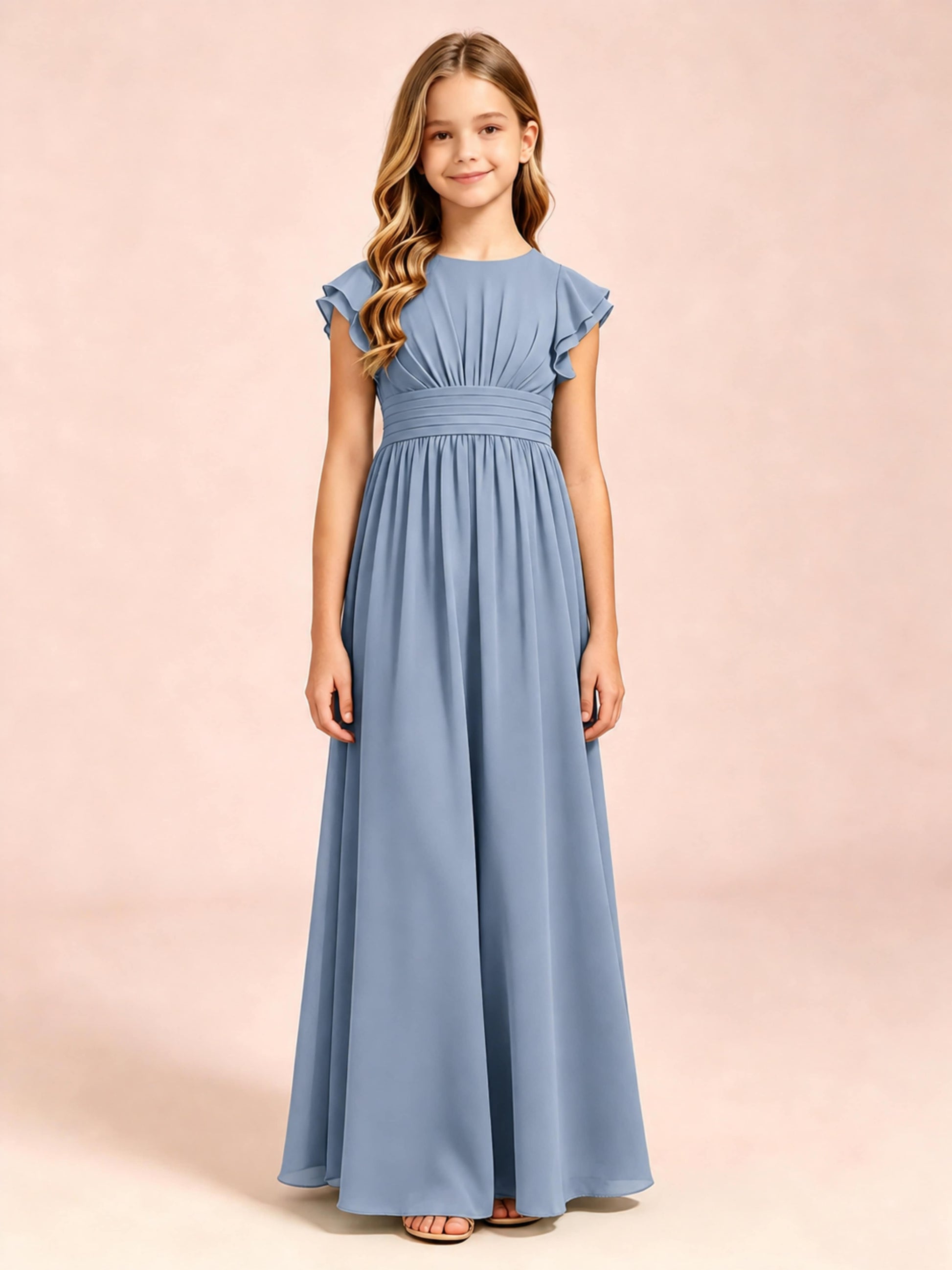 Chiffon Ruffle Cap Sleeve Junior Bridesmaid Dress for Wedding