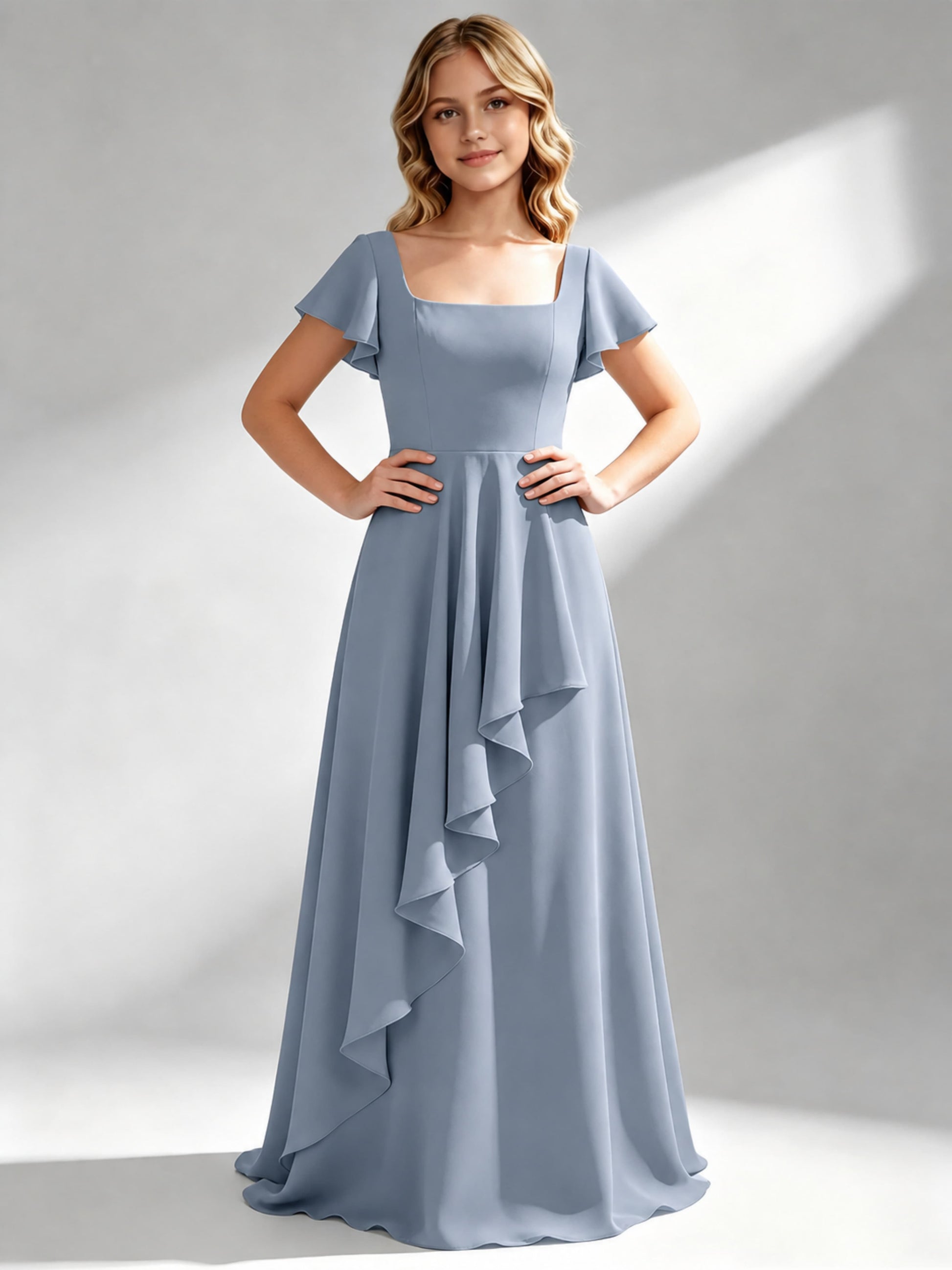 A-Line Square Neck Ruffle Junior Bridesmaid Dresses