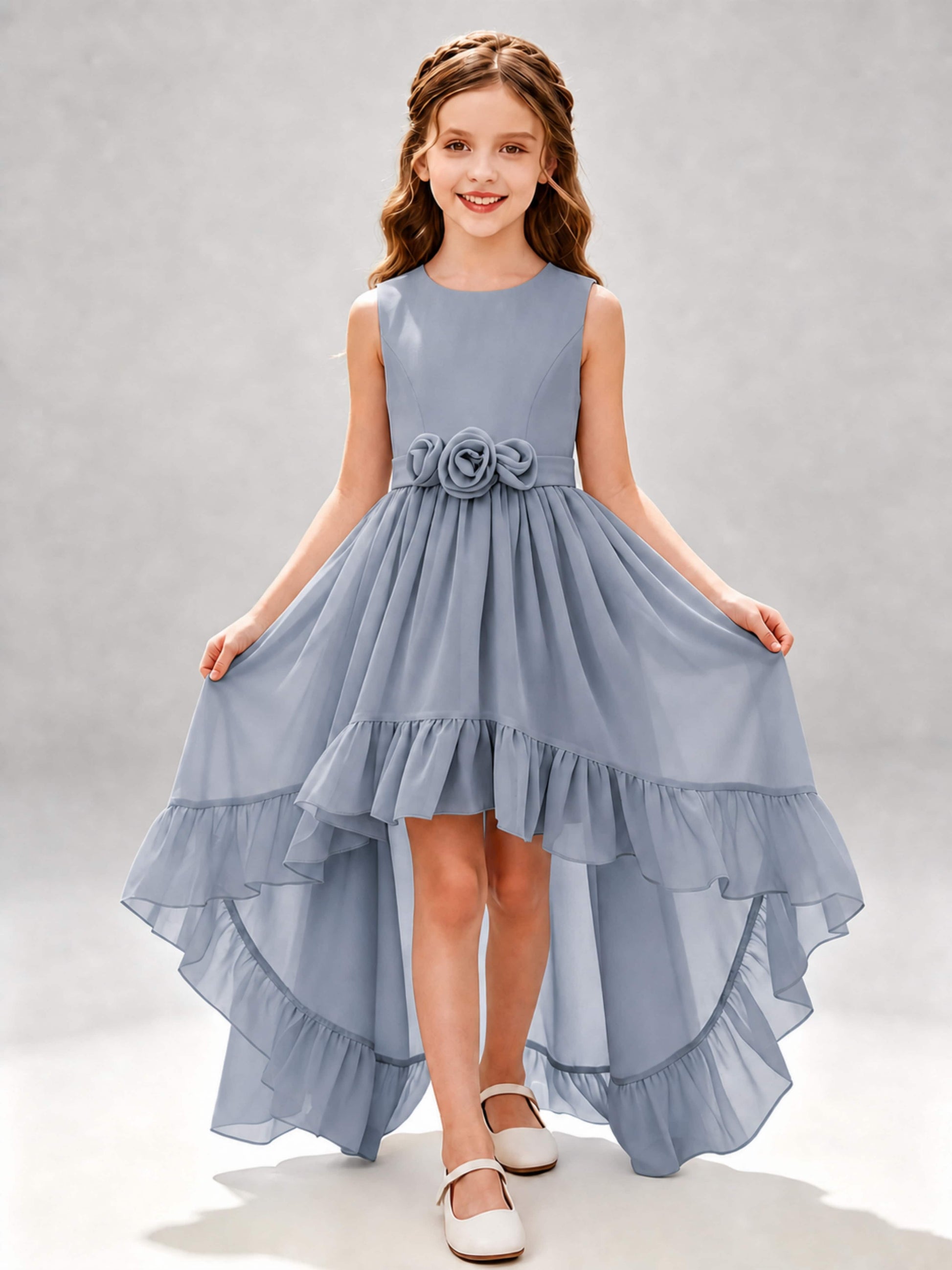 Chiffon 3D Flower High Low Junior Bridesmaid Dresses