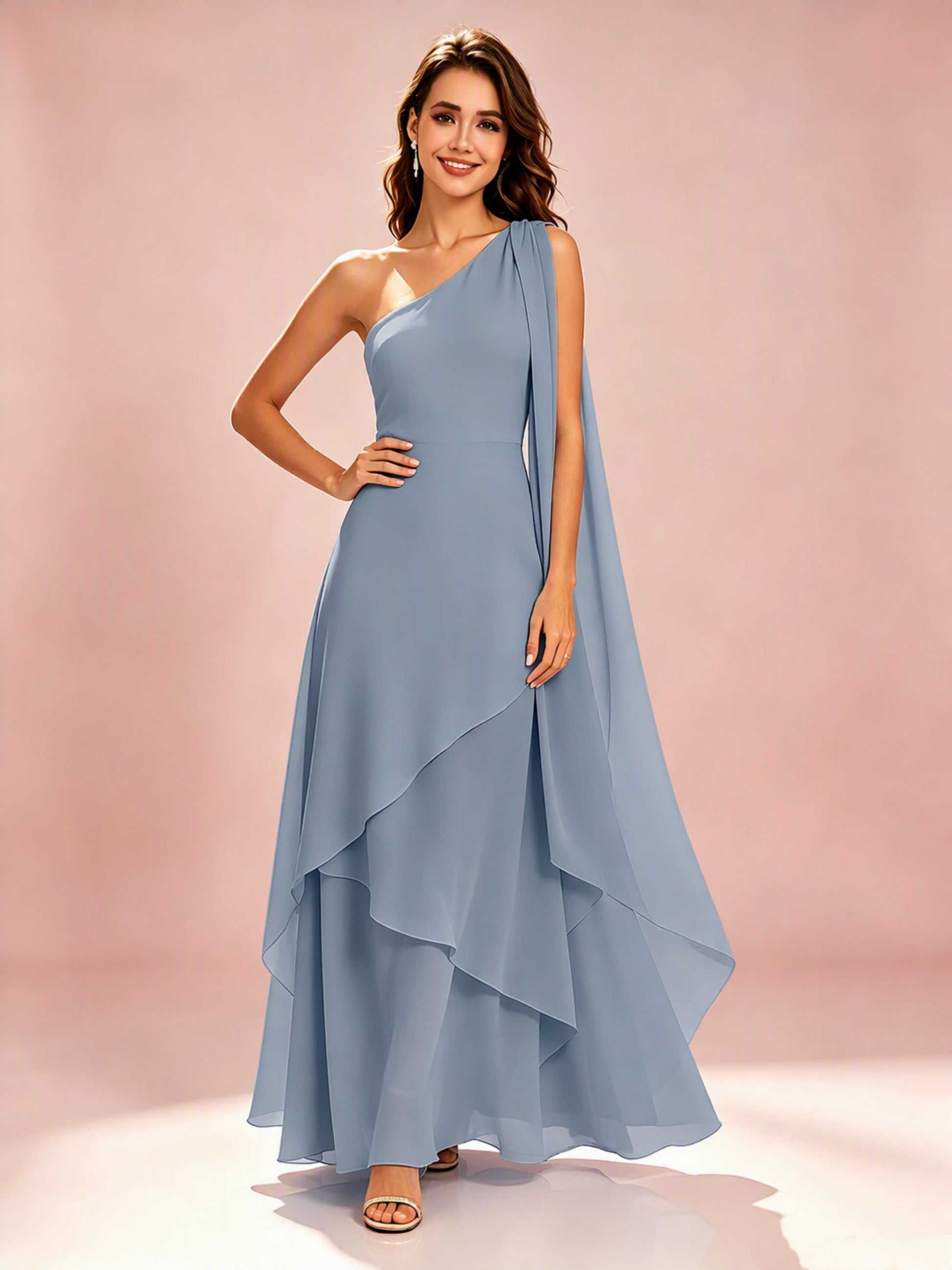 One Shoulder Chiffon Tiered Layered Bridesmaid Dresses for Wedding