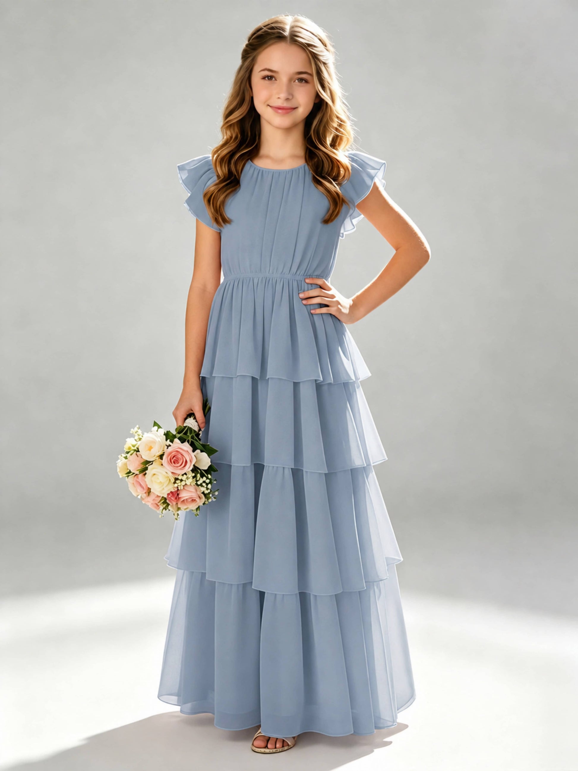 Chiffon Tiered Pleated Long Junior Bridesmaid Dresses