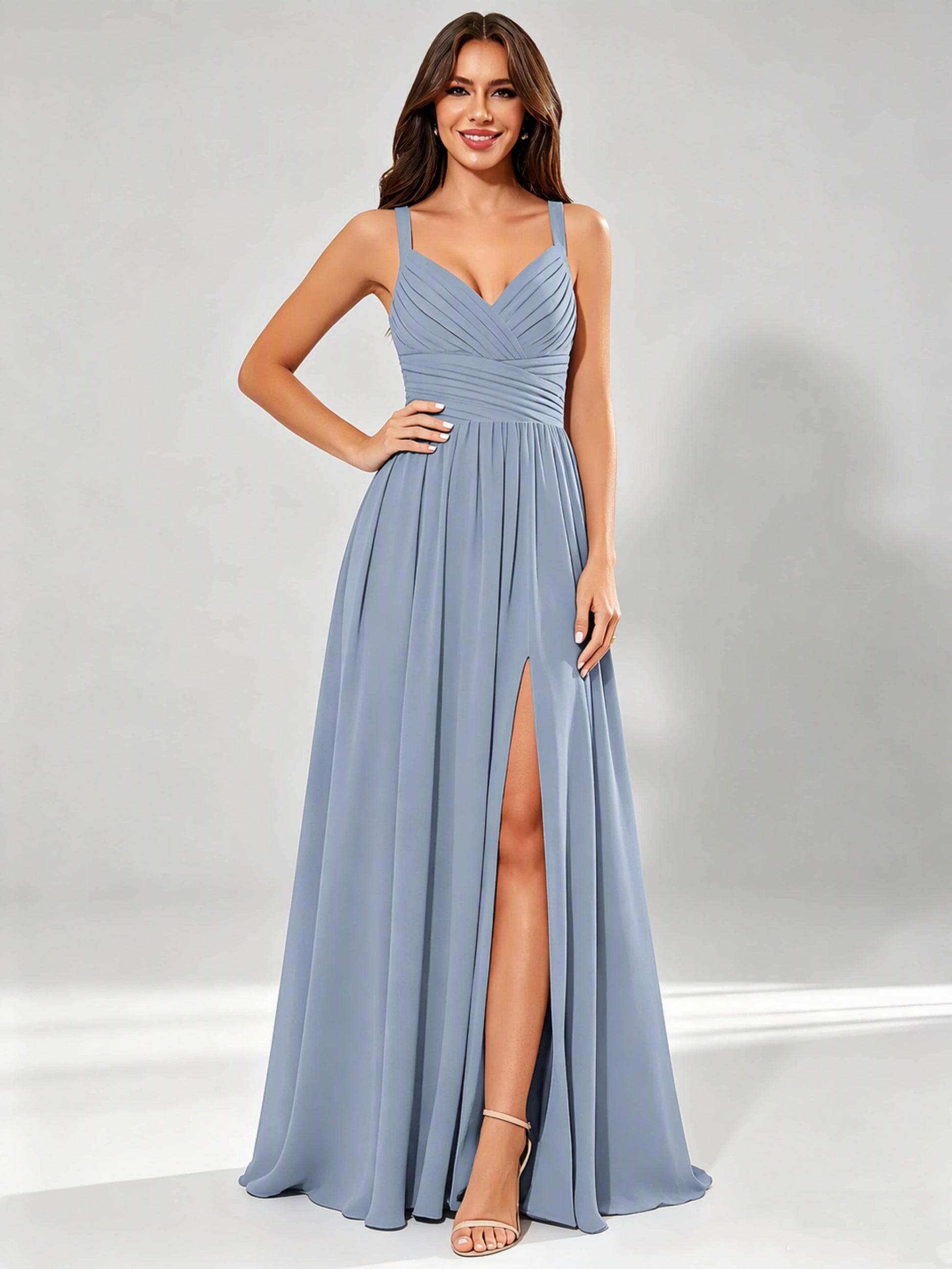 Spaghetti Straps Chiffon Ruched Bust Pleated Bridesmaid Dress for Wedding