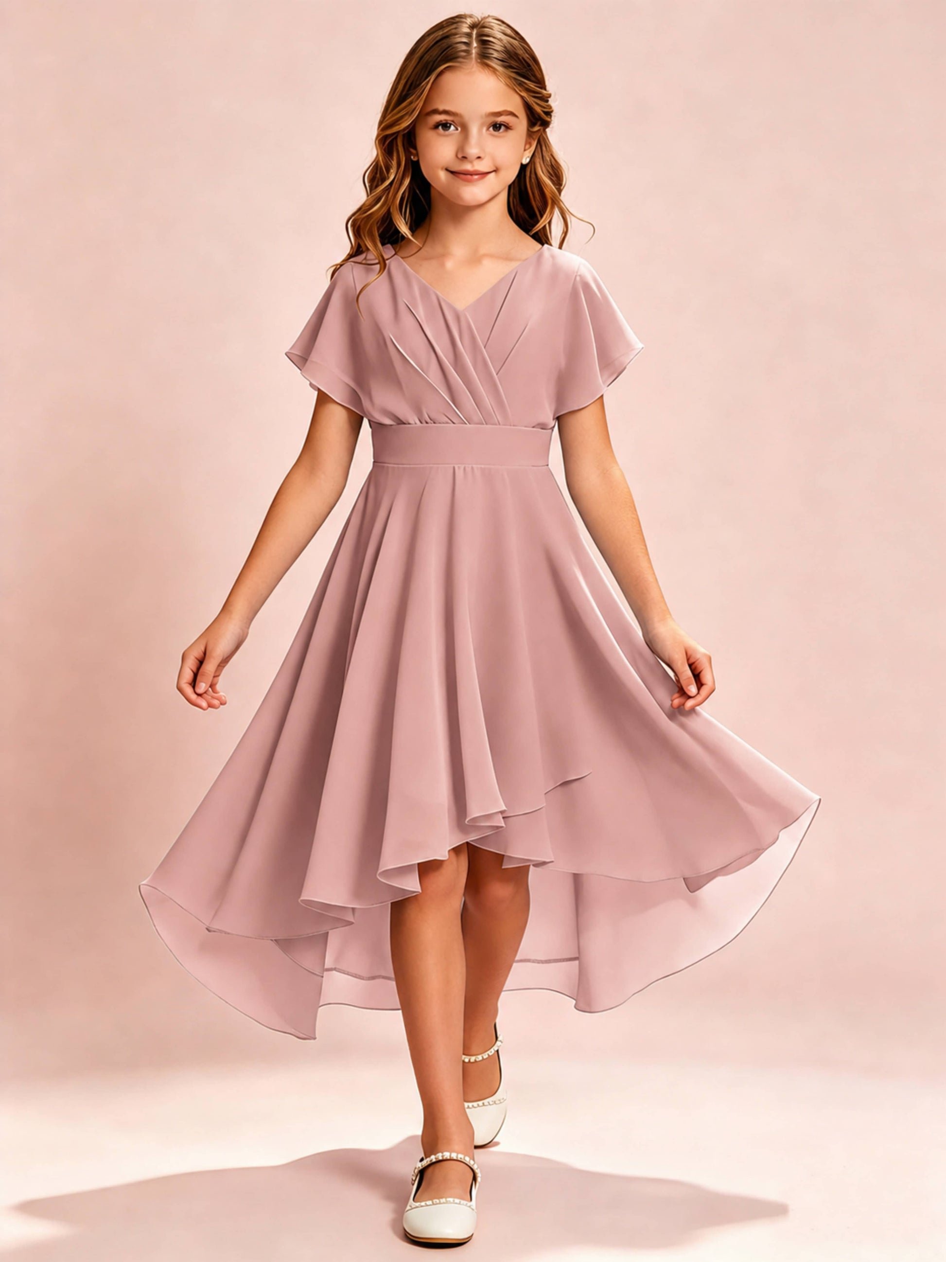 Chiffon High Low Cap Sleeve Junior Bridesmaid Dress for Wedding