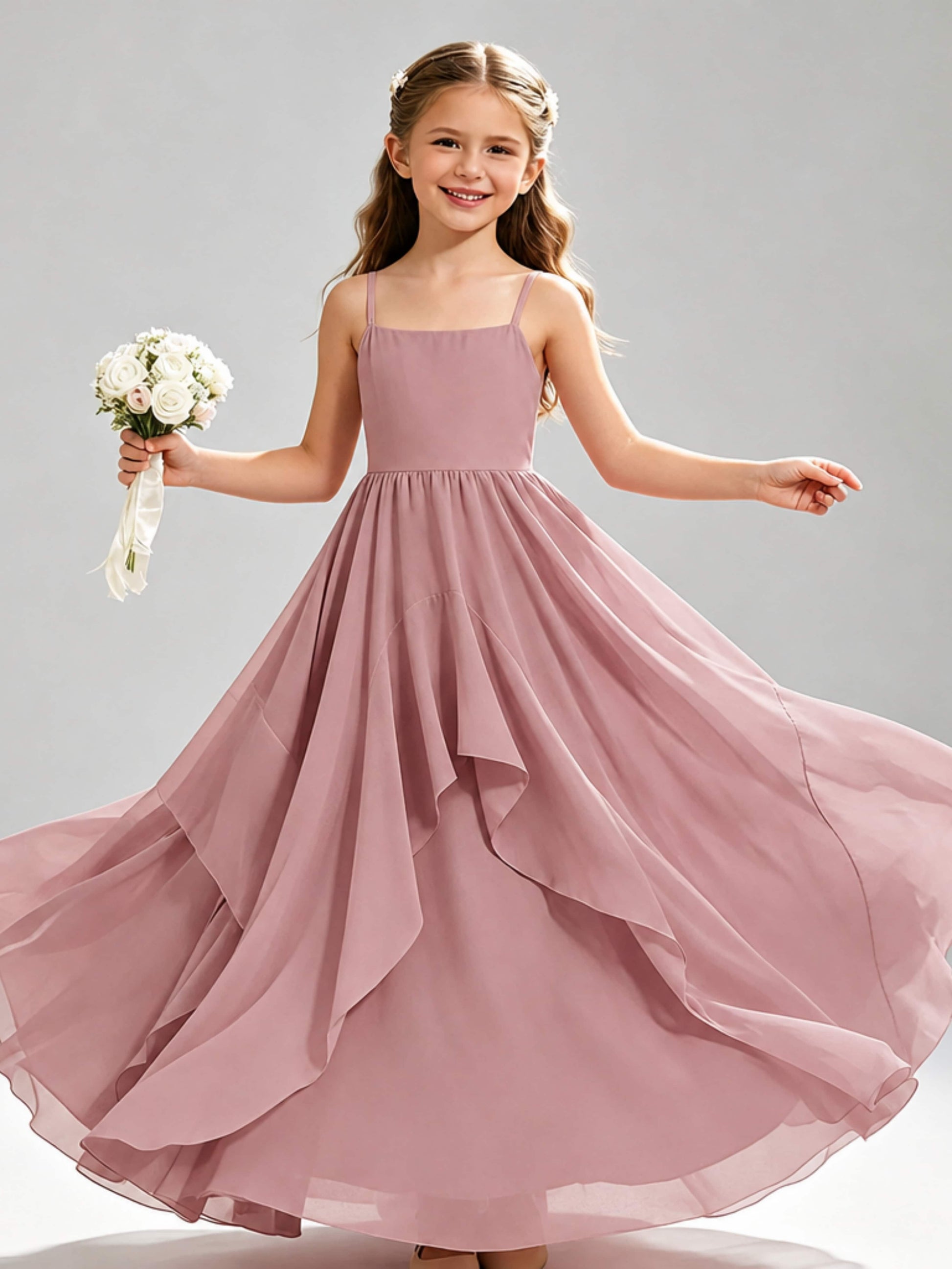 A-Line Spaghetti Straps Ruffle Junior Bridesmaid Dresses