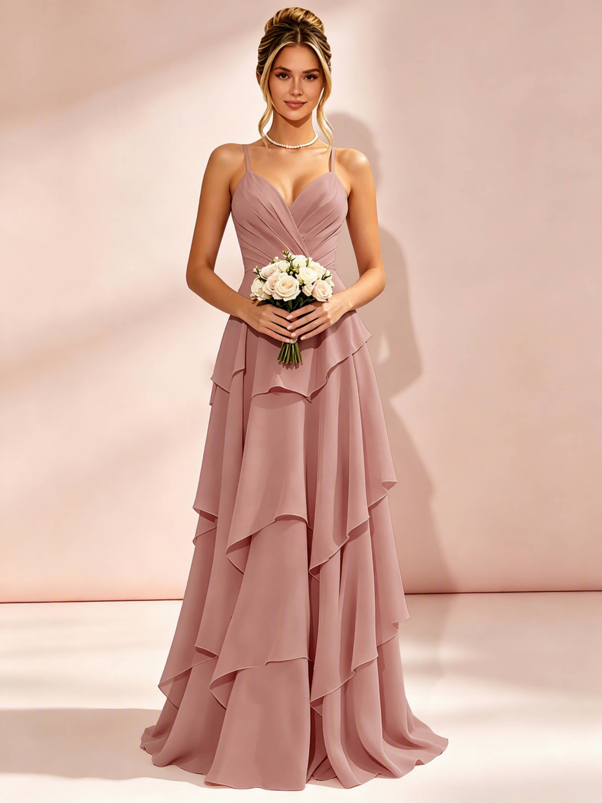 Spaghetti Straps Ruffle Tiered Chiffon Bridesmaid Dress for Wedding