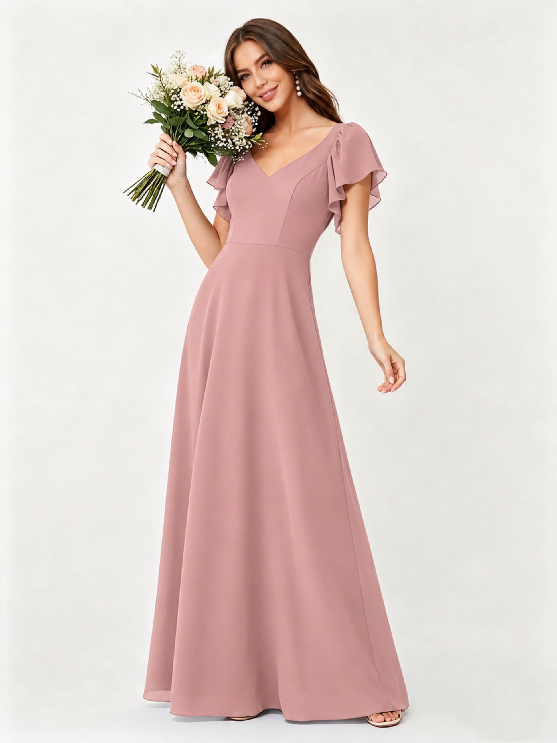 Ruffle Sleeve Chiffon Bridesmaid Dresses for Women Wedding