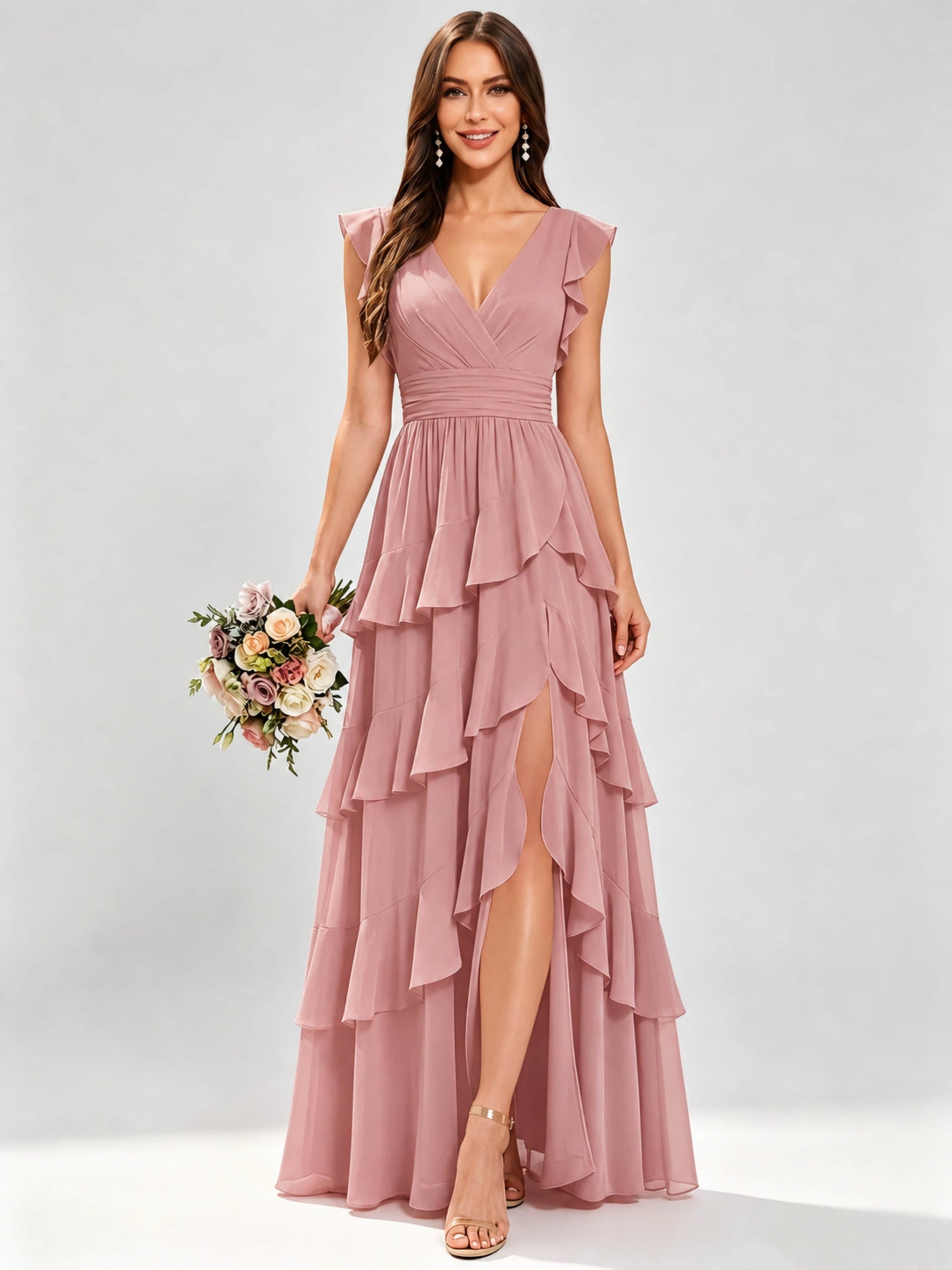 Ruffle Sleeve Tiered Chiffon Bridesmaid Dresses for Wedding with Slit