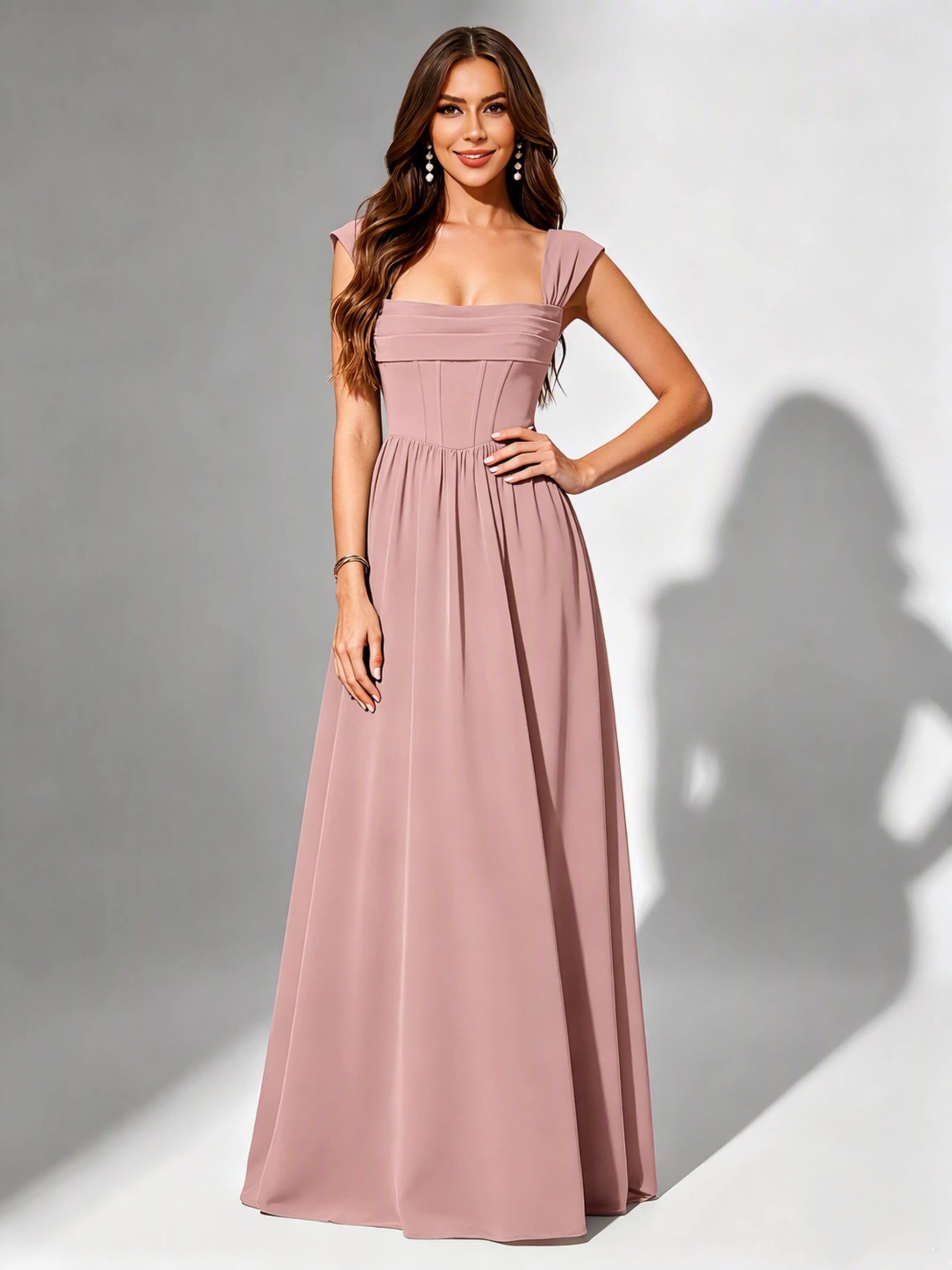 Square Neck Chiffon Bridesmaid Dress Corset Formal Gown