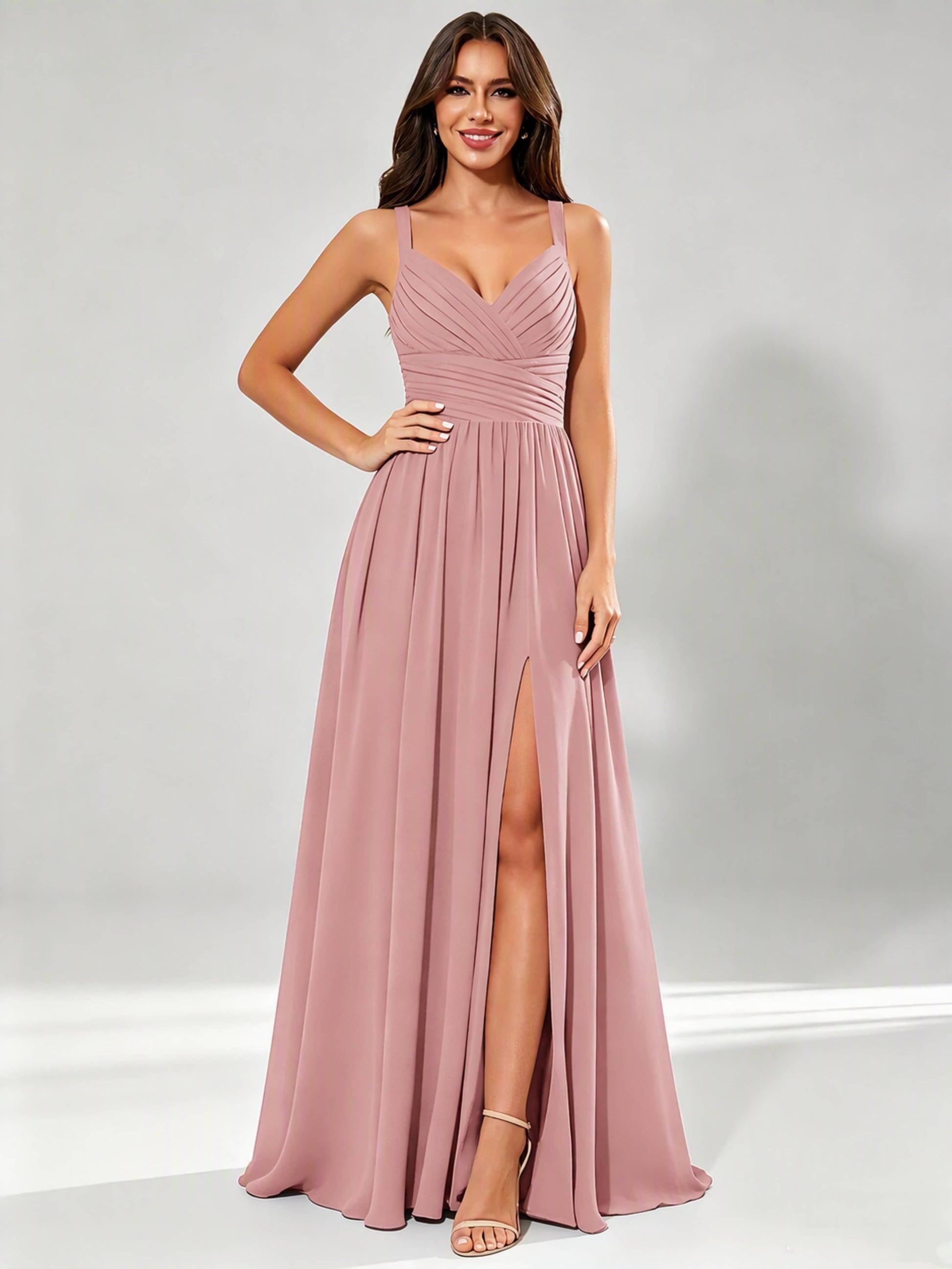 Spaghetti Straps Chiffon Ruched Bust Pleated Bridesmaid Dress for Wedding