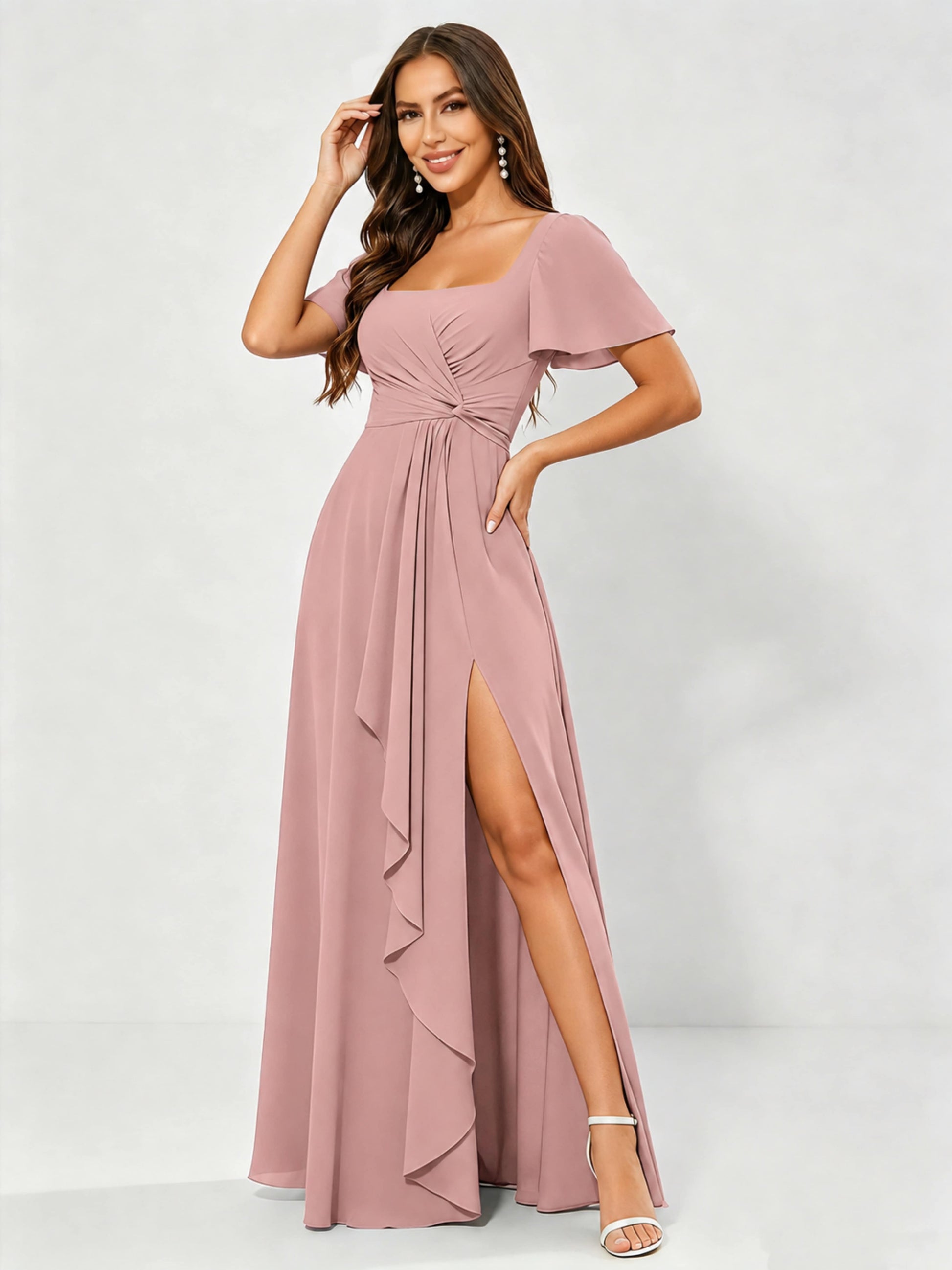 Square Neck Chiffon Ruffle Bridesmaid Dress with Slit
