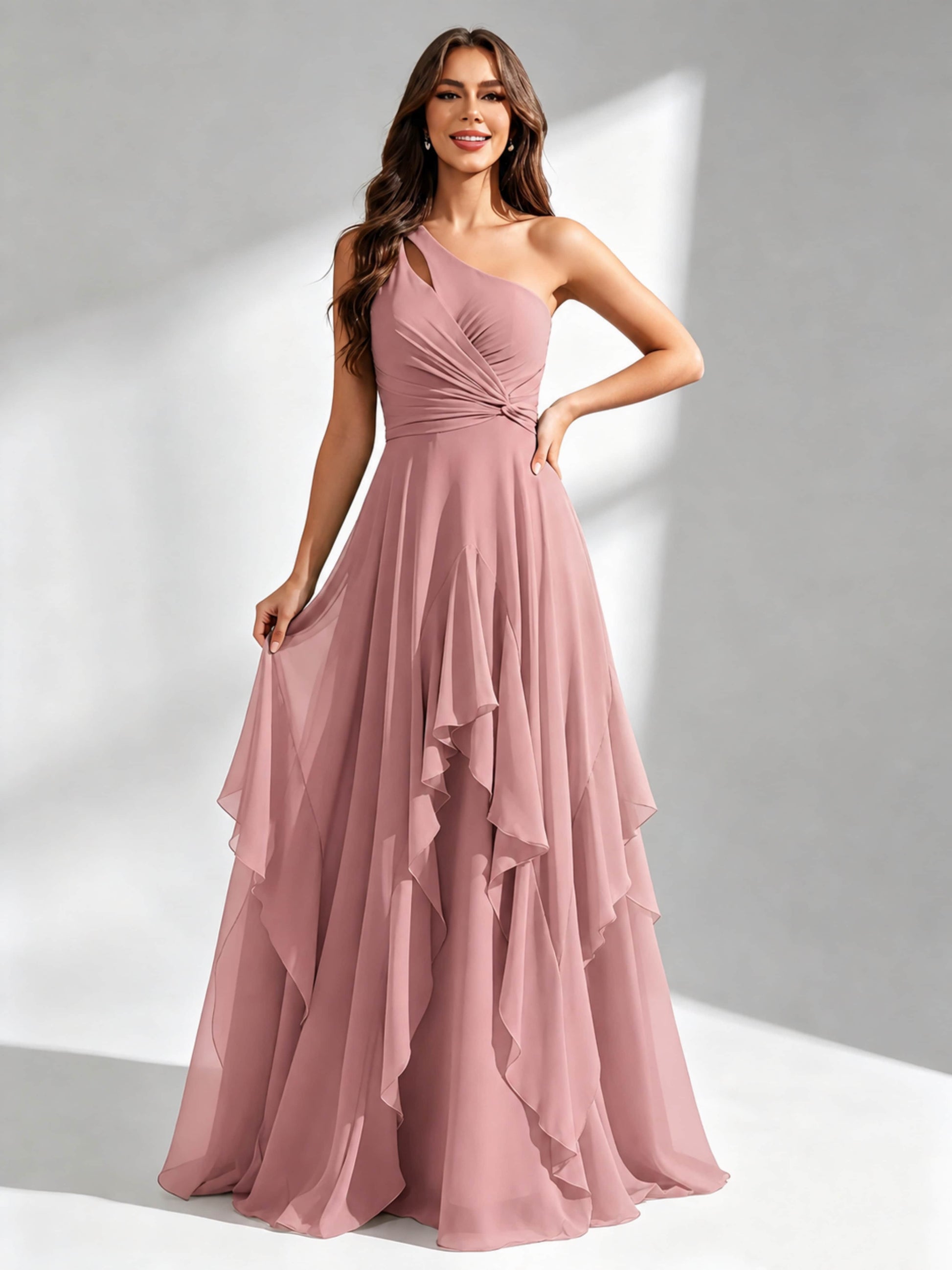 One Shoulder Ruffle Bridesmaid Dresses Formal Evening Gown