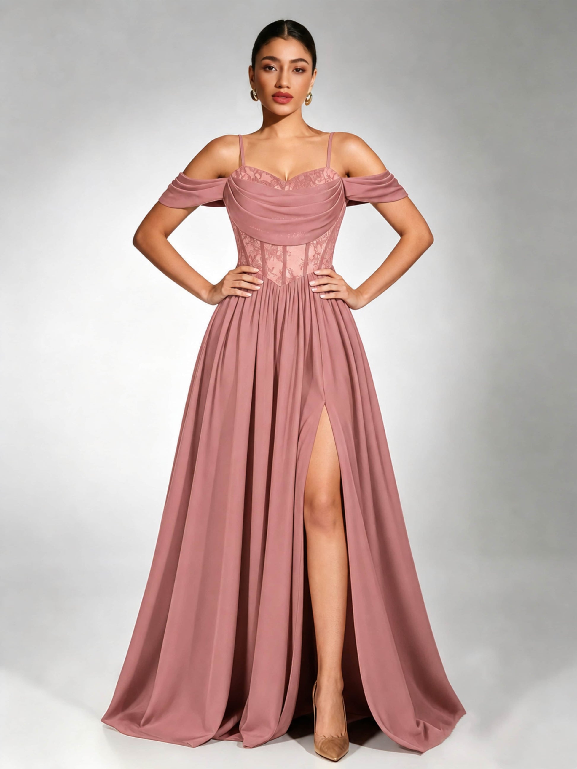 Off Shoulder Chiffon Lace Prom Dress for Teens