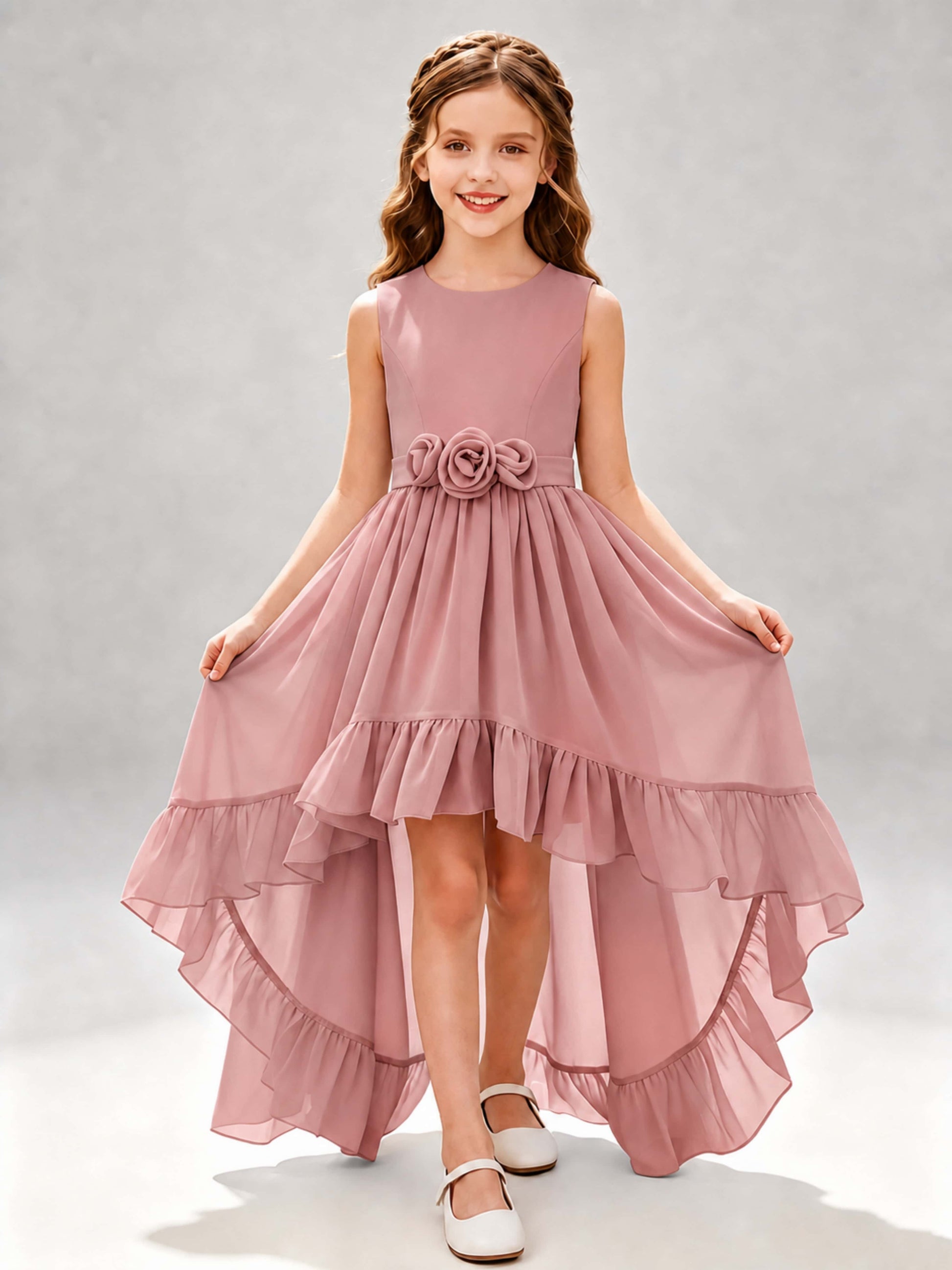 Chiffon 3D Flower High Low Junior Bridesmaid Dresses