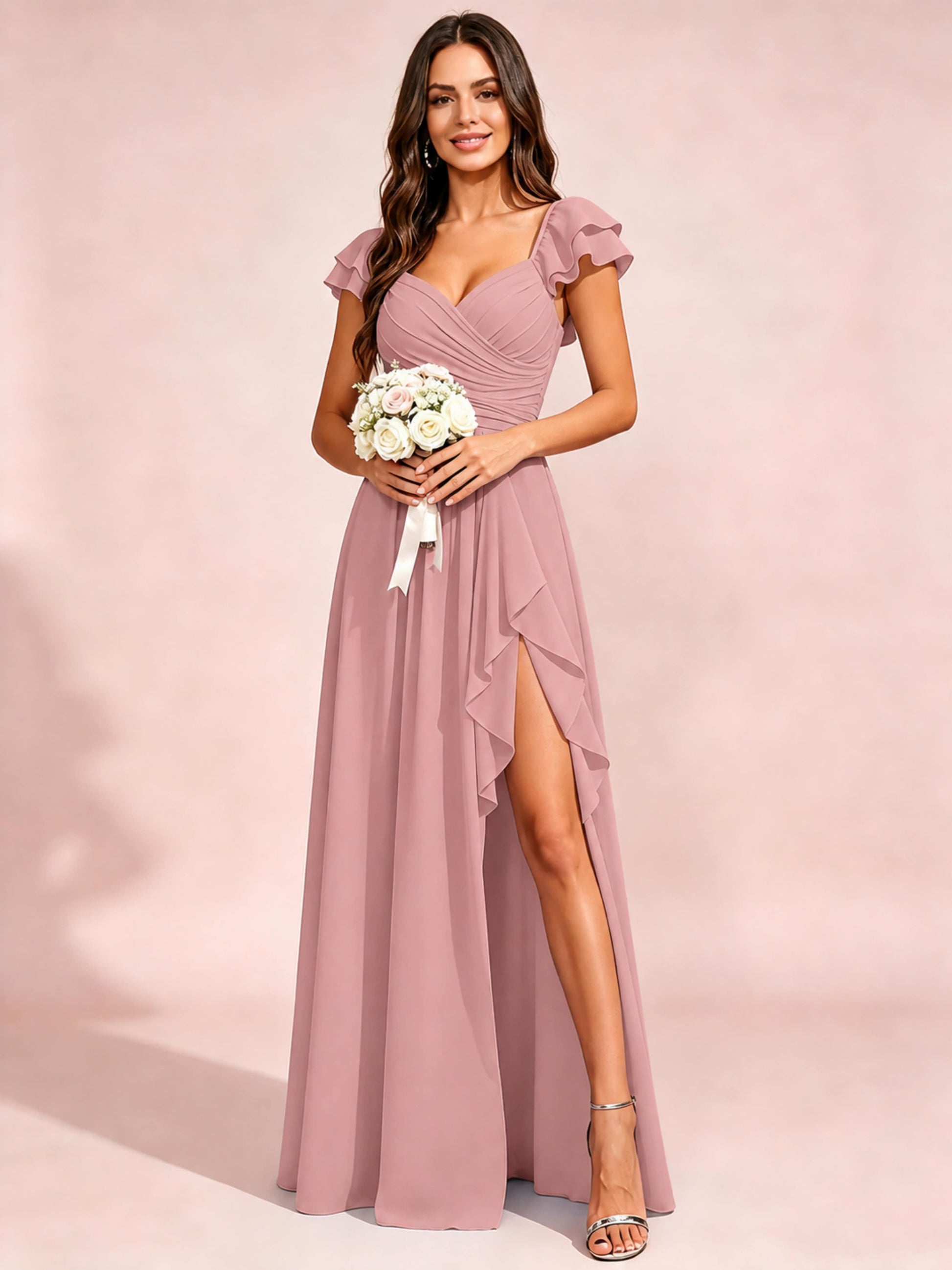 Chiffon Sweetheart Neck Ruched Bust Bridesmaid Dresses with Ruffle Slit