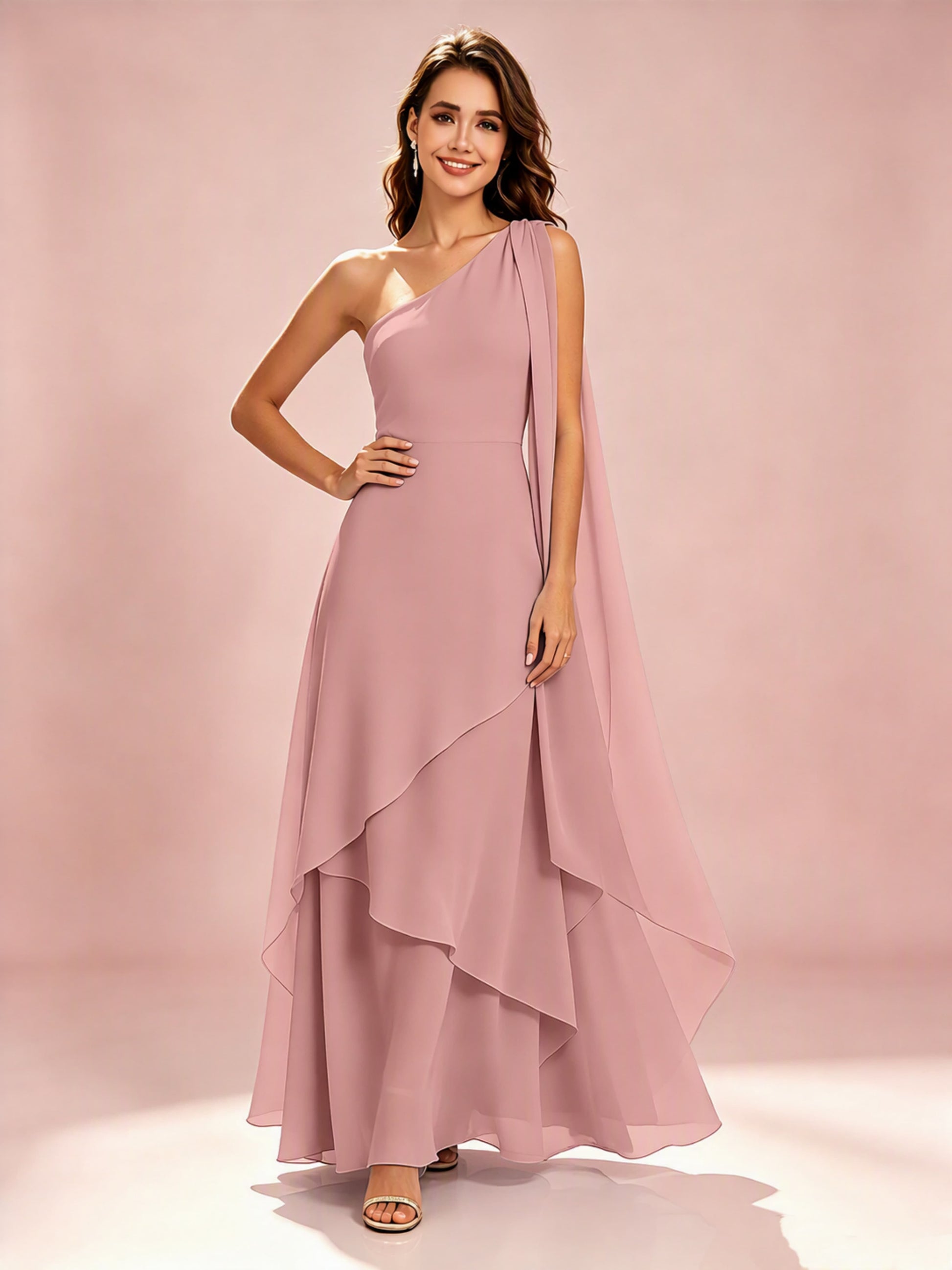 One Shoulder Chiffon Tiered Layered Bridesmaid Dresses for Wedding