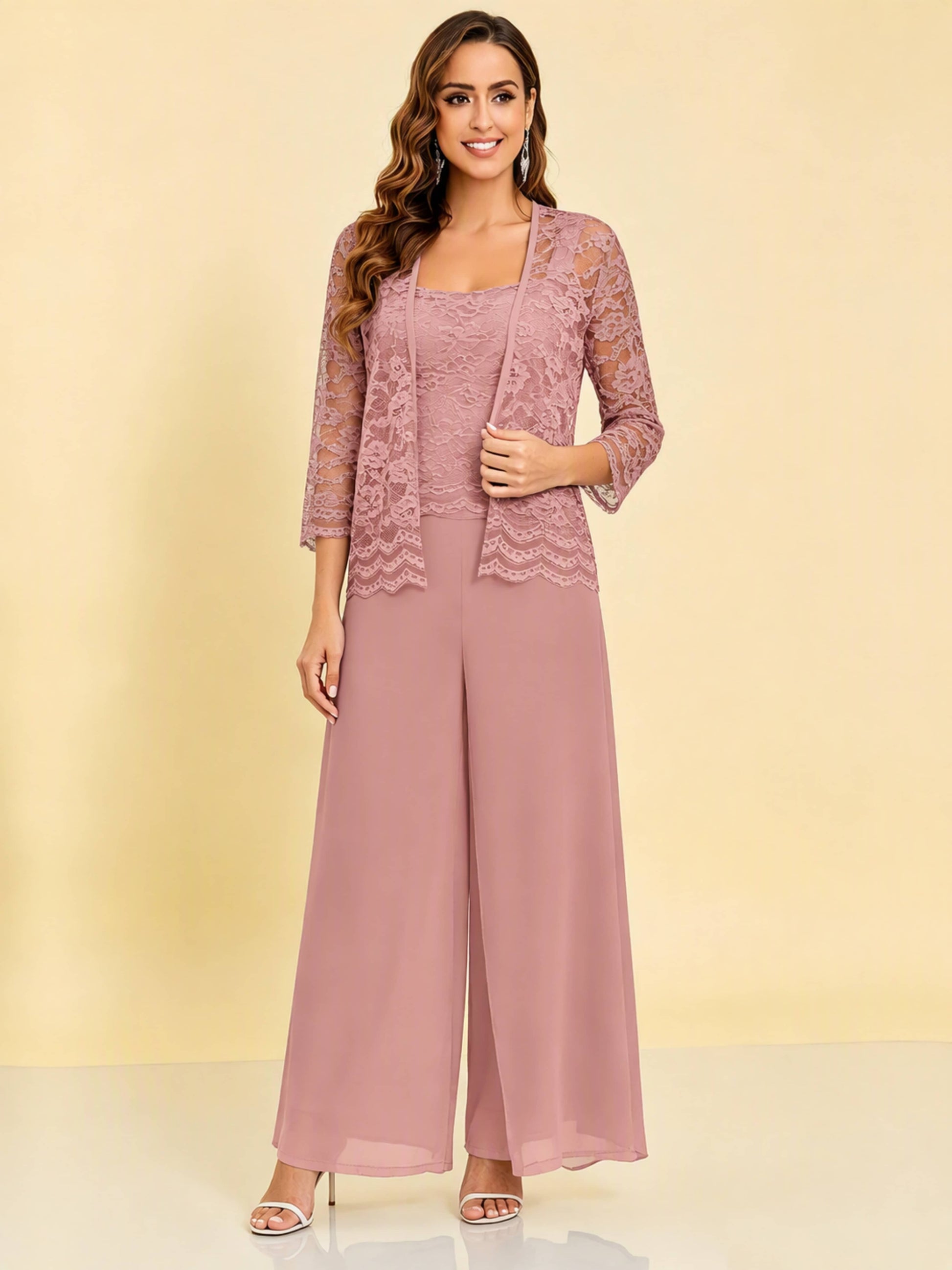 Chiffon Lace Flowy 3 Pieces Mother of The Bride Pant Suits Women Wedding