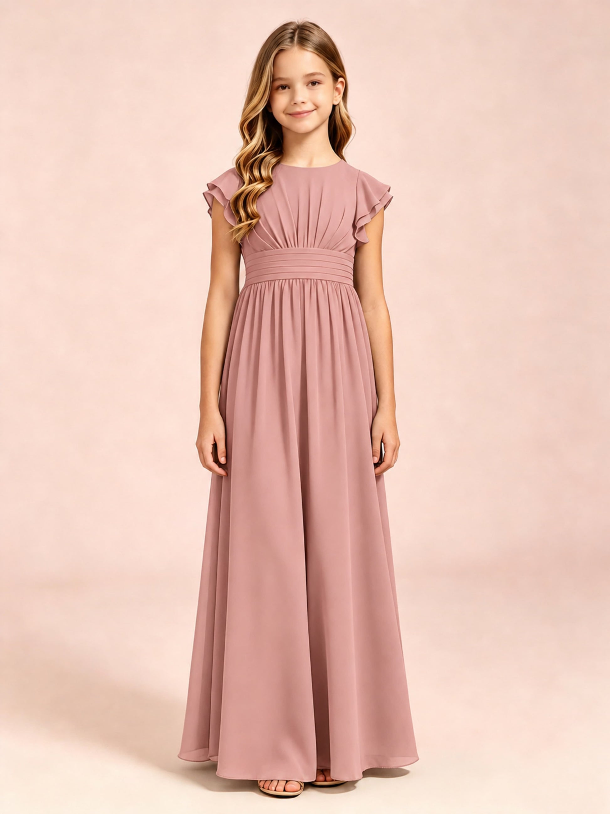 Chiffon Ruffle Cap Sleeve Junior Bridesmaid Dress for Wedding