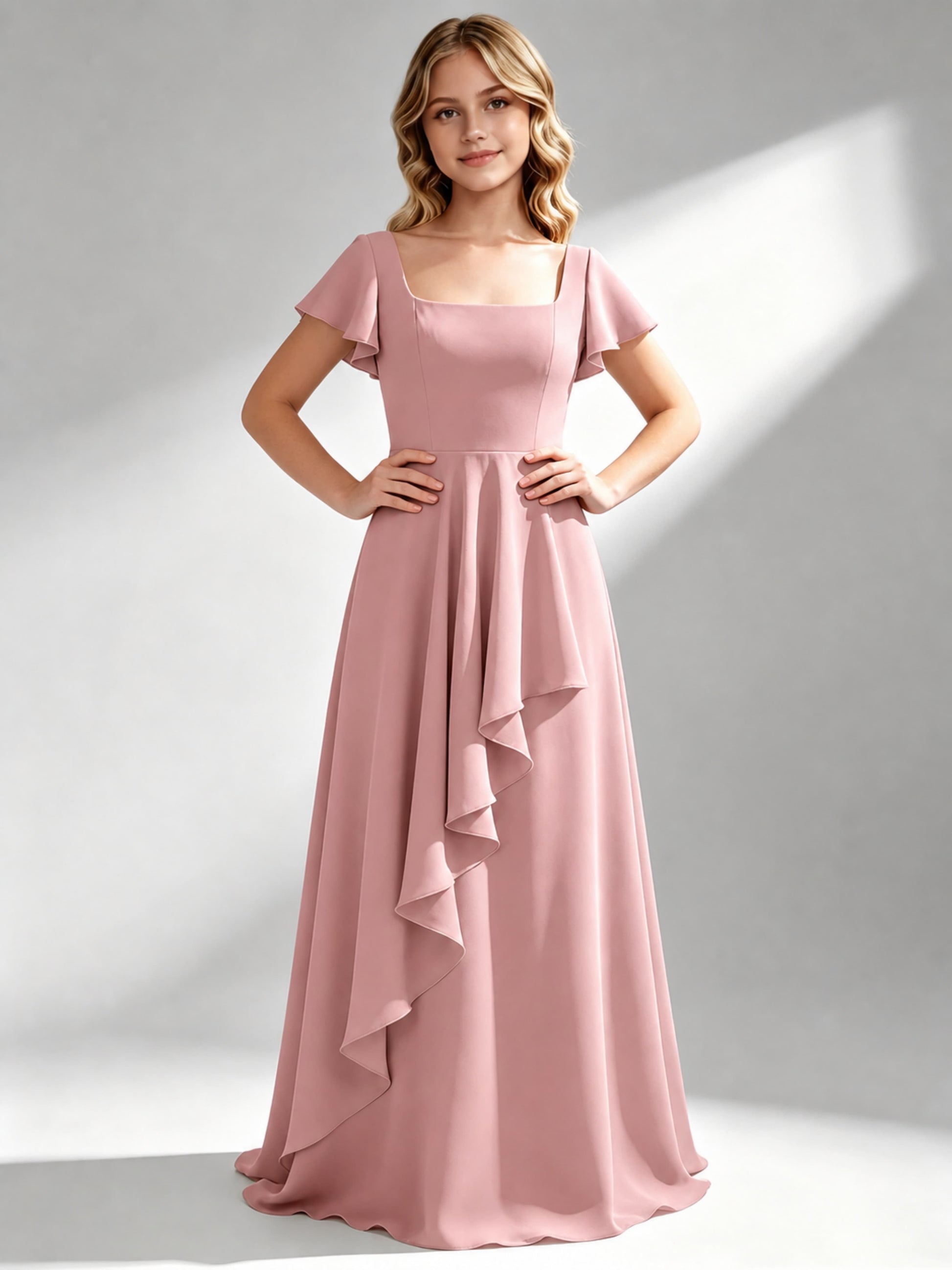 A-Line Square Neck Ruffle Junior Bridesmaid Dresses