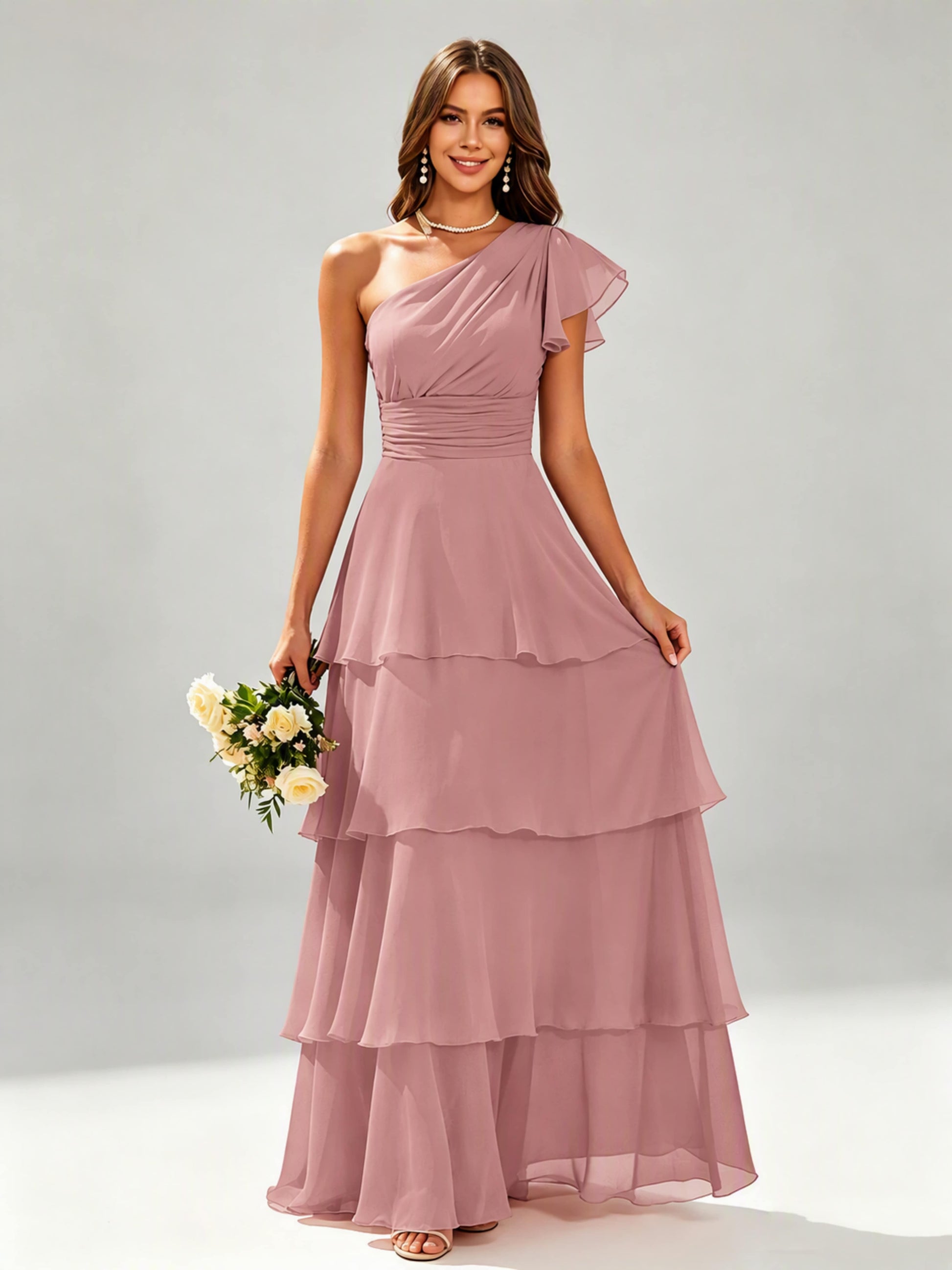 One Shoulder Ruffle Tiered Chiffon Bridesmaid Dress for Wedding