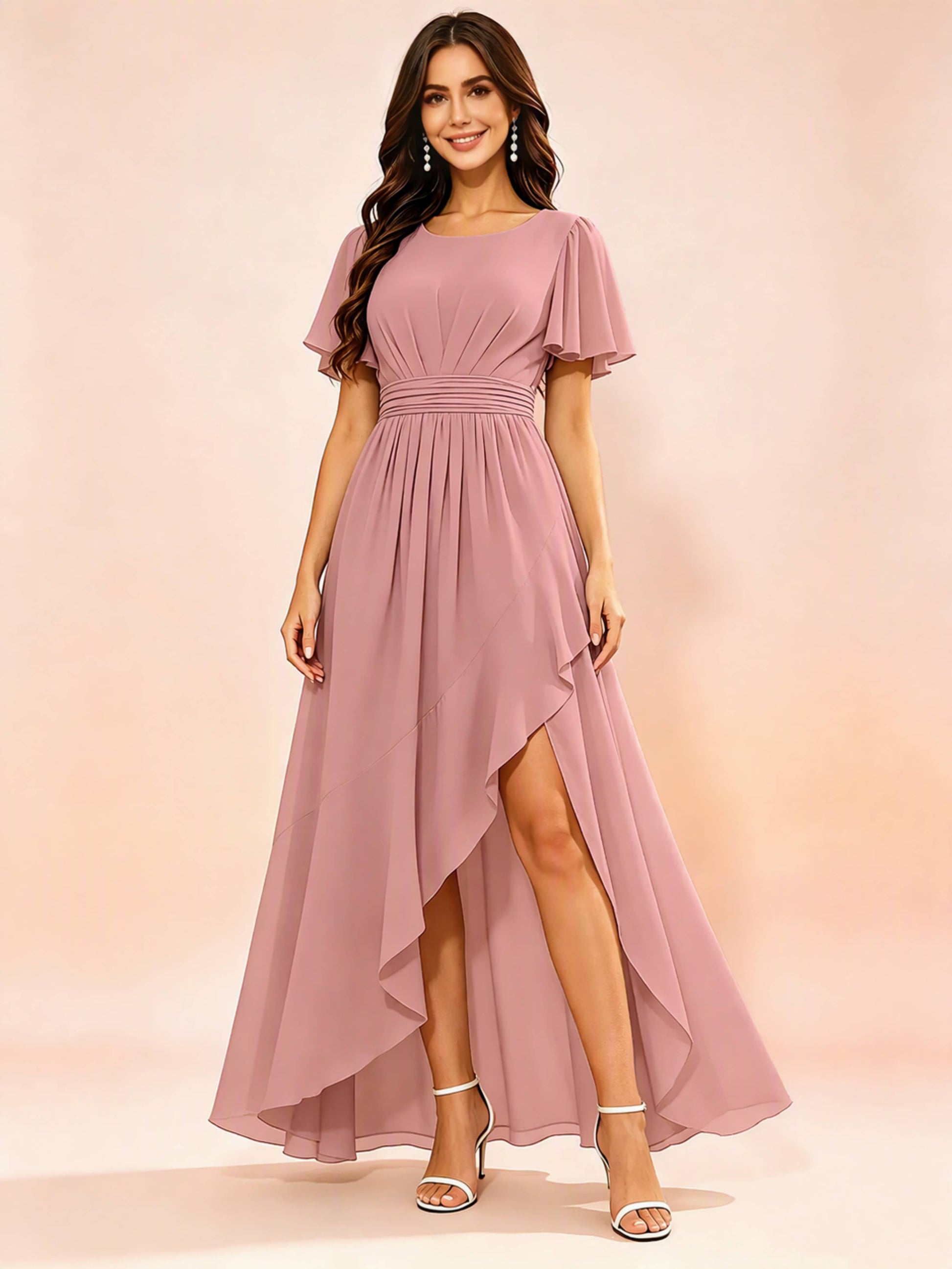 Chiffon High Low Round Neck Bridesmaid / Wedding Guest Dresses