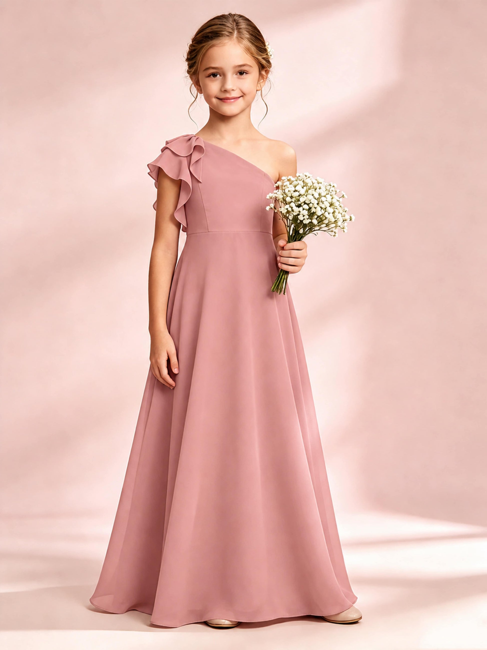 Chiffon Junior Bridesmaid Dress for Wedding One Shoulder Flower Girl Dresses