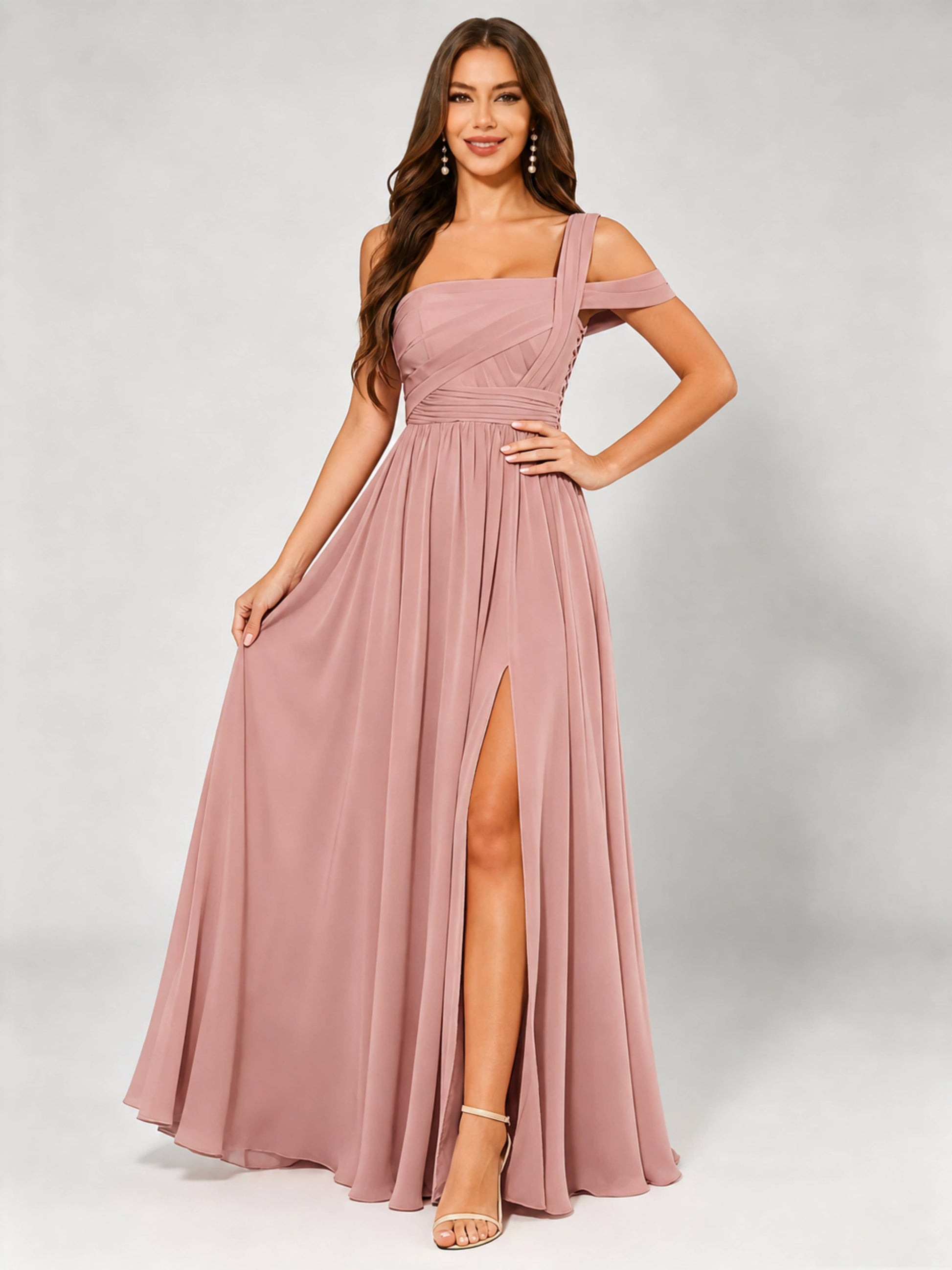 One Shoulder Chiffon Pleated Bridesmaid Dresses for Wedding