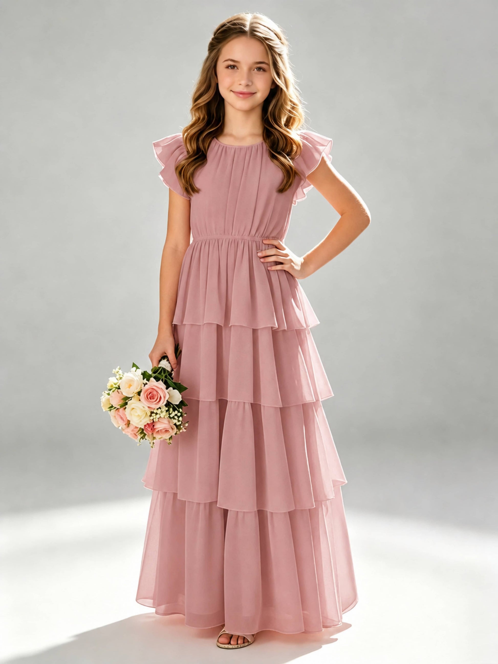 Chiffon Tiered Pleated Long Junior Bridesmaid Dresses