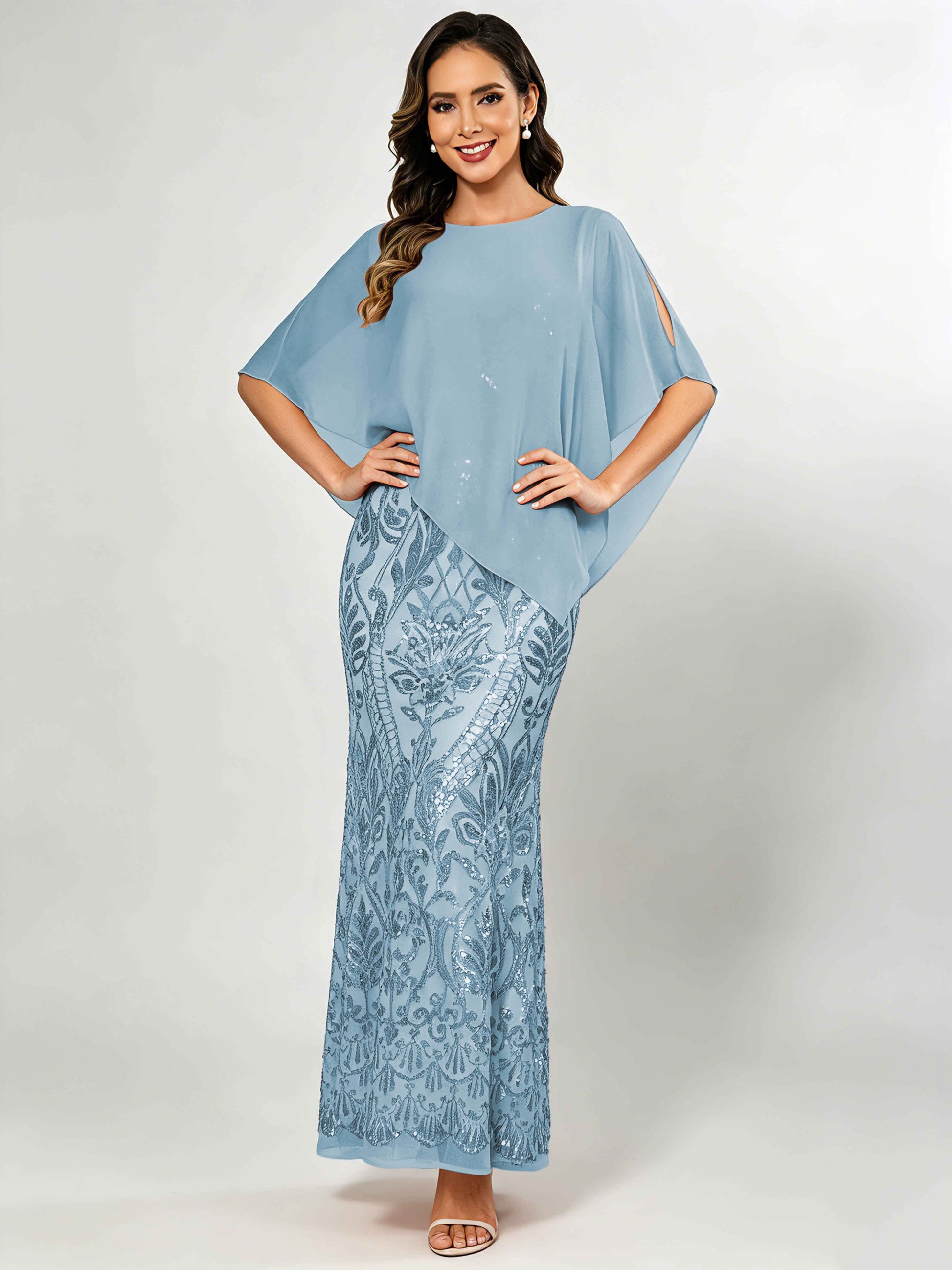 Mermaid Sequin Mother of The Bride Dress with Chiffon Cape