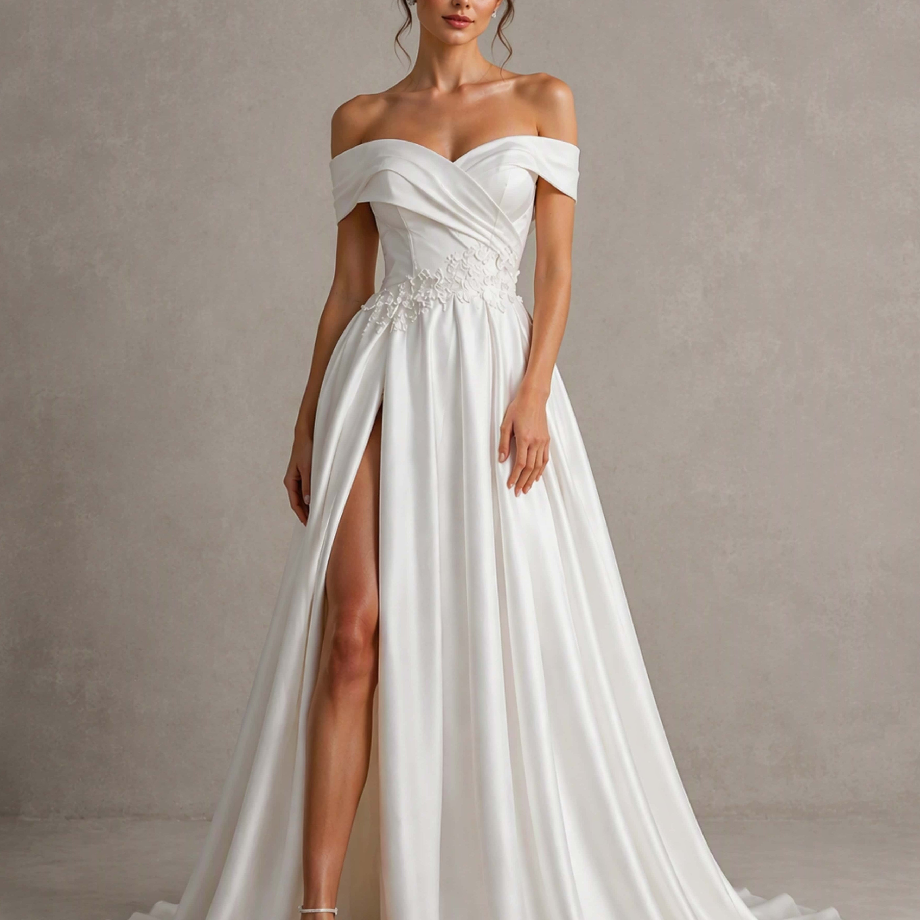 Off The Shoulder Long Satin Wedding Dress Elegant Ball Gown