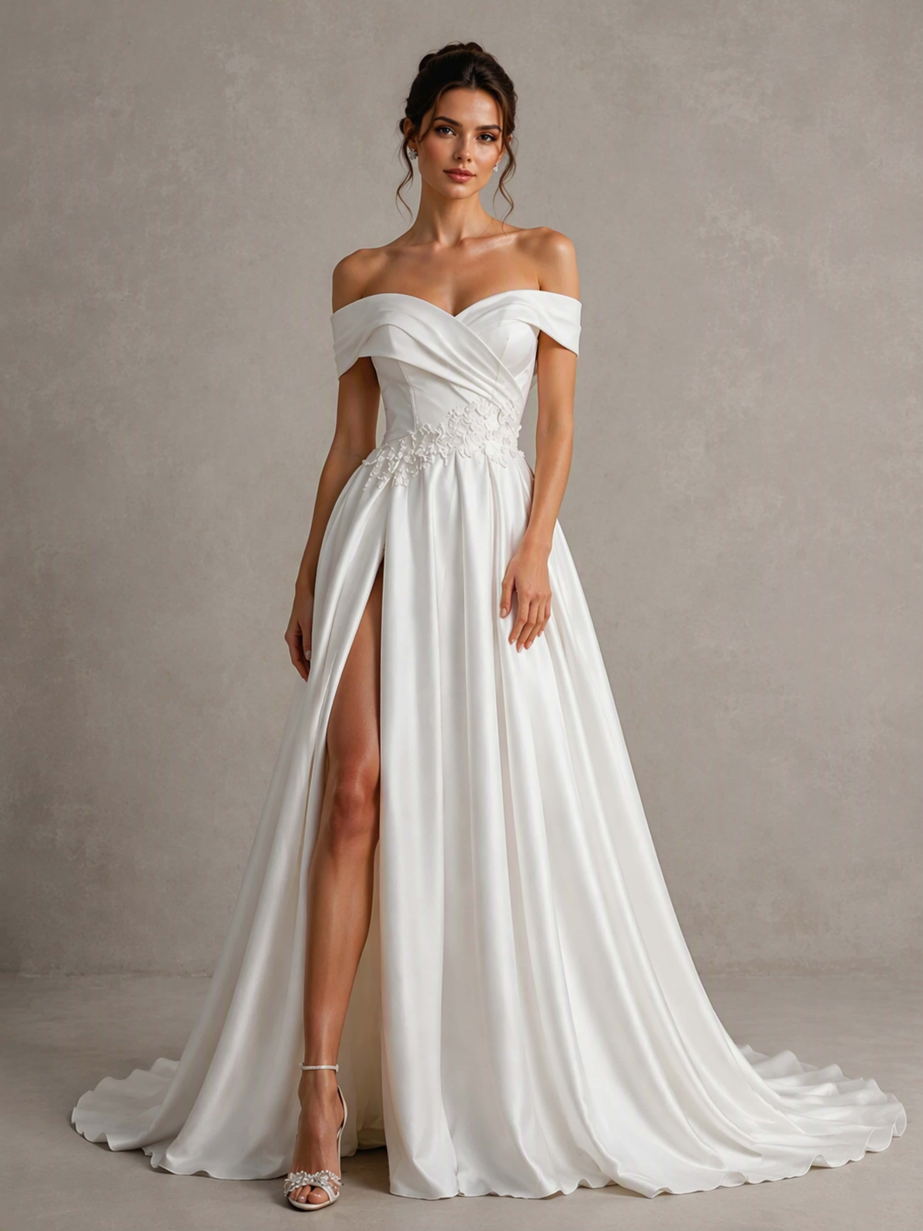 Off The Shoulder Long Satin Wedding Dress Elegant Ball Gown