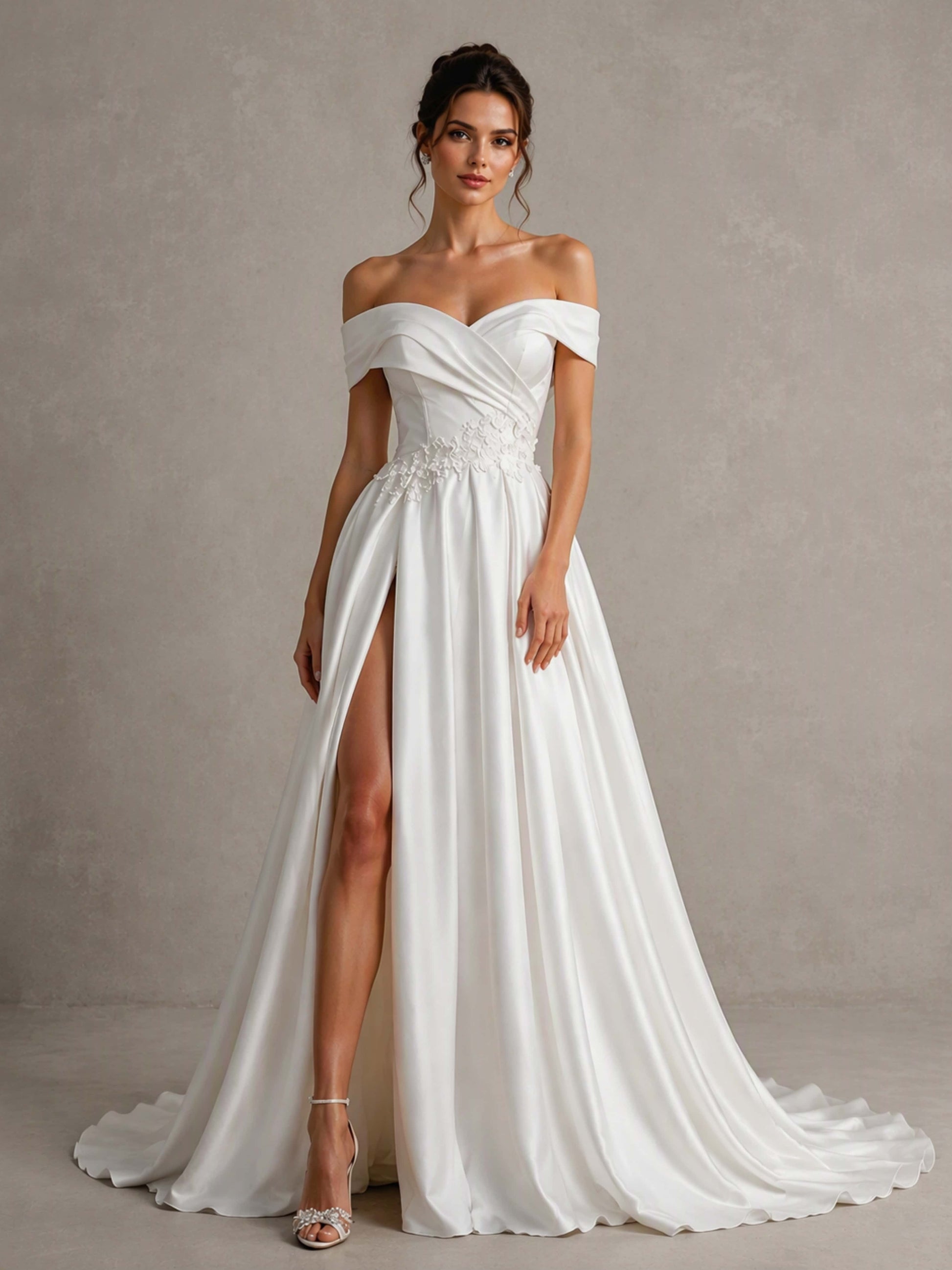 Off The Shoulder Long Satin Wedding Dress Elegant Ball Gown