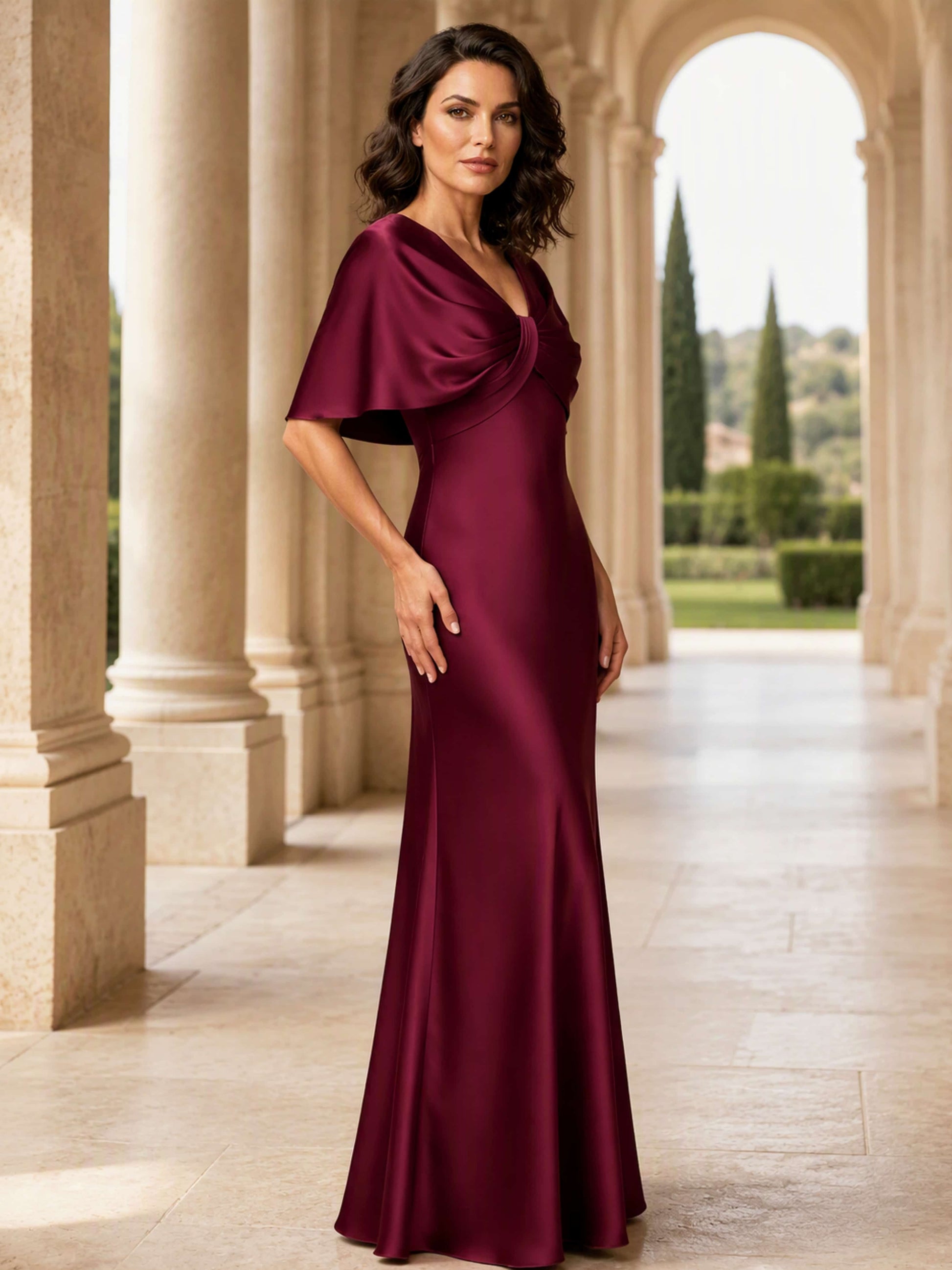 Satin Half Sleeve Cape Mermaid Elegant Formal Evening Dress
