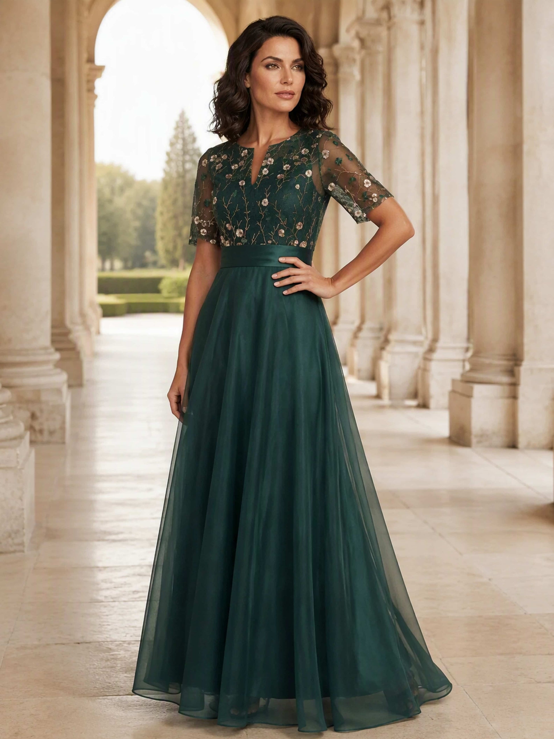 Short Sleeve Embroidery Tulle Puffy Mother of Groom/Bride Dress