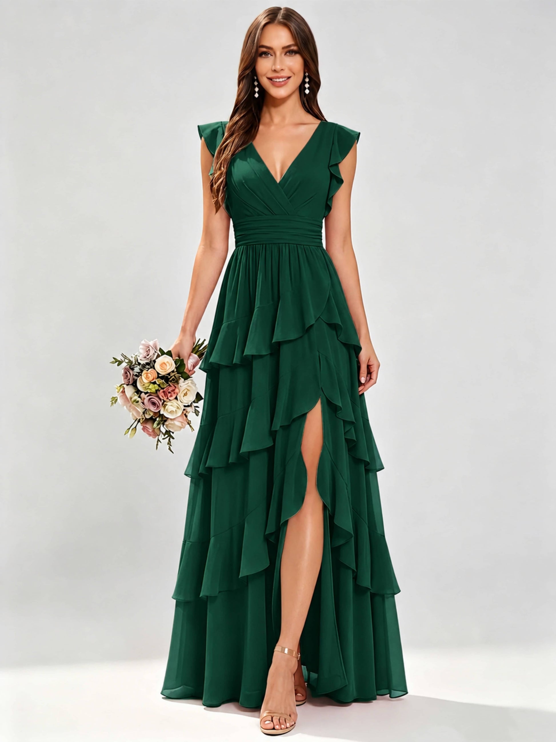 Ruffle Sleeve Tiered Chiffon Bridesmaid Dresses for Wedding with Slit