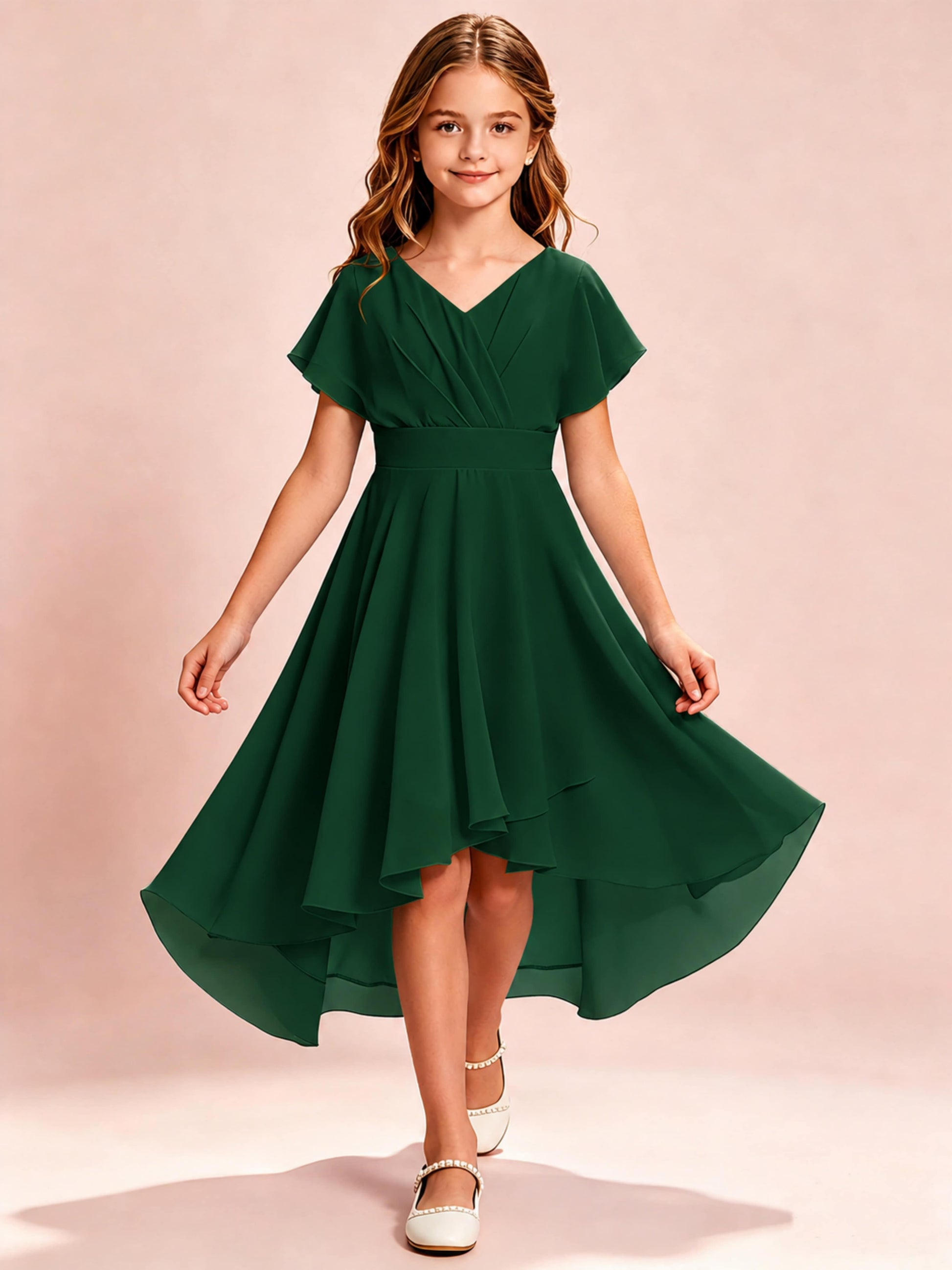 Chiffon High Low Cap Sleeve Junior Bridesmaid Dress for Wedding