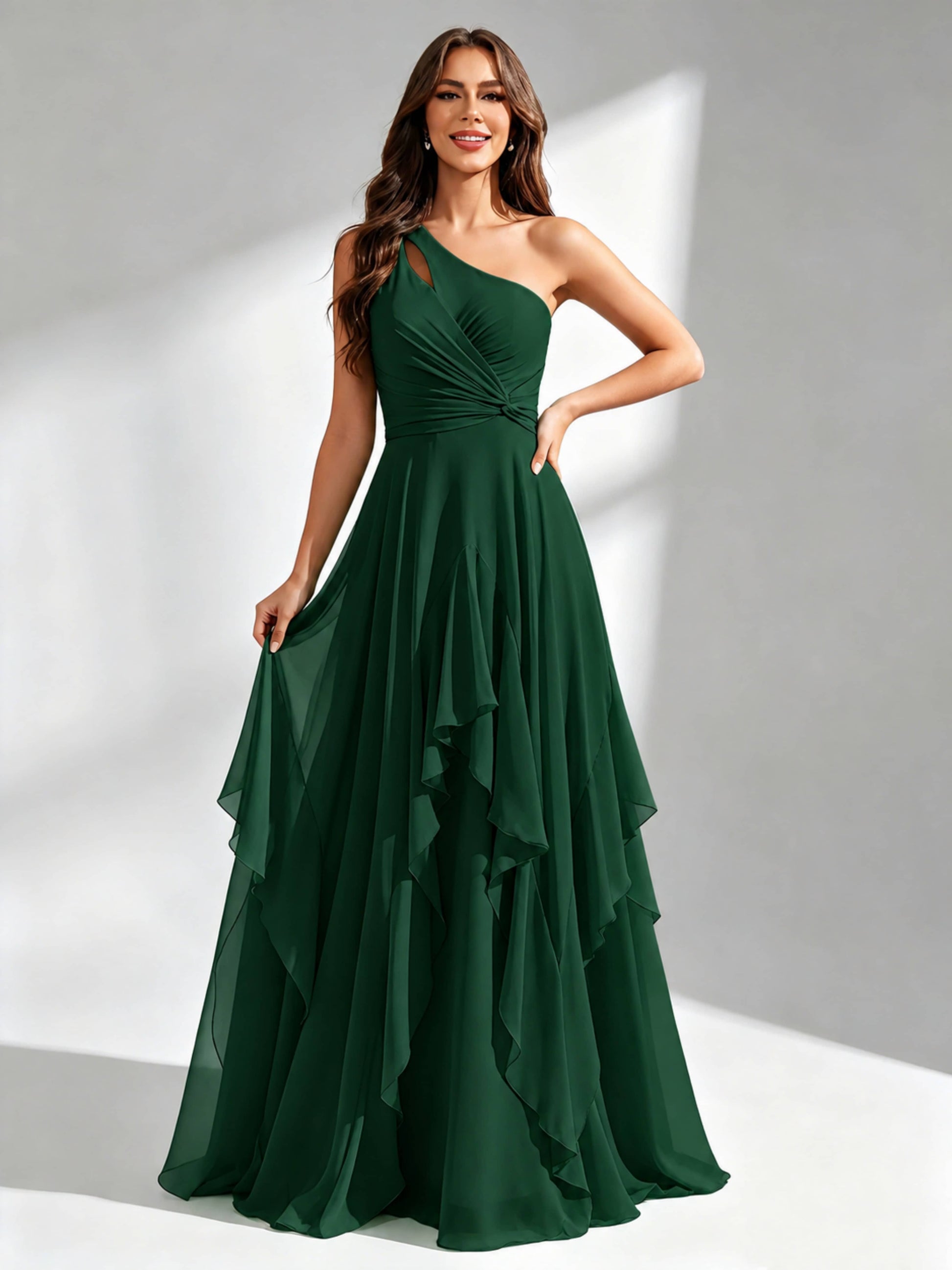 One Shoulder Ruffle Bridesmaid Dresses Formal Evening Gown